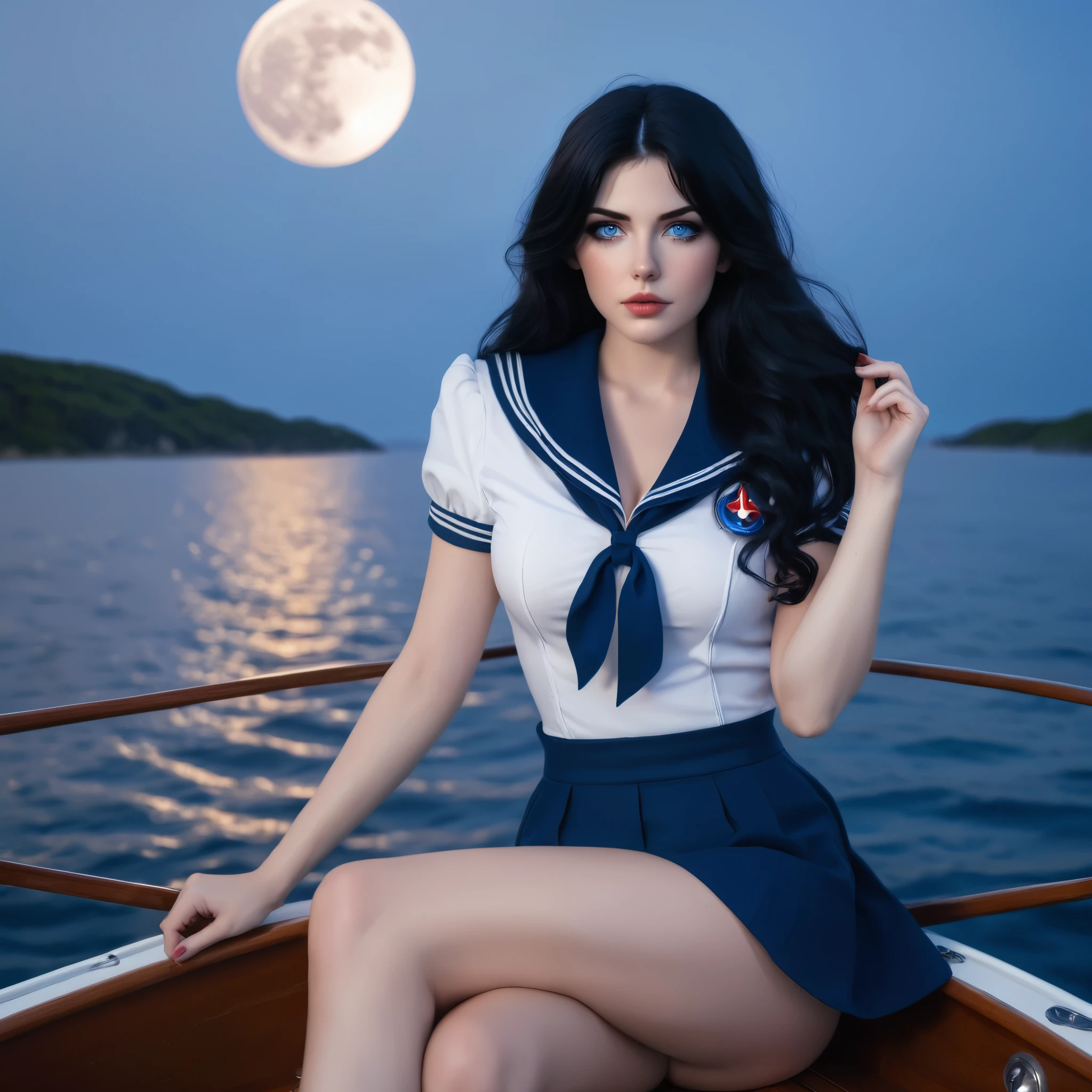 a woman in a sailor outfit sitting on a boat, in style of artgerm, moon shining, cosplay, a sexy warrior, long wavy black hair, cobalt blue eyes, trevor brown style, award - winning photo, lunar cycles, photo realistic, 8k vibrant colors