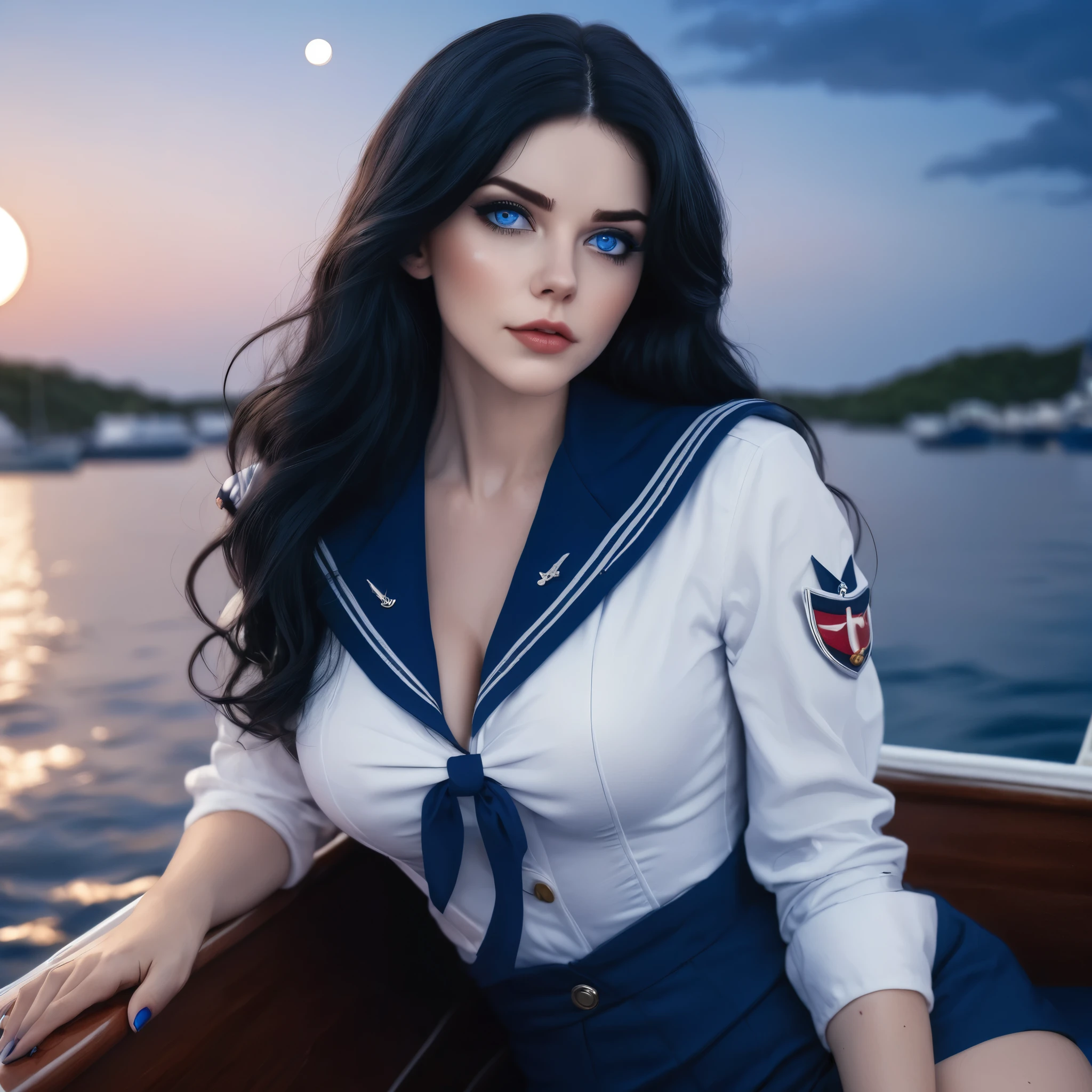 a woman in a sailor outfit sitting on a boat, in style of artgerm, moon shining, cosplay, a sexy warrior, long wavy black hair, cobalt blue eyes, trevor brown style, award - winning photo, lunar cycles, photo realistic, 8k vibrant colors