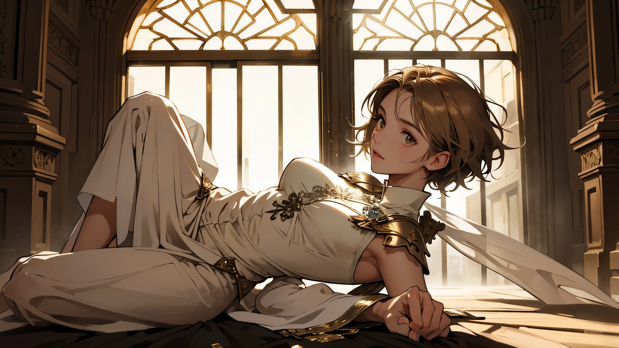 masterpiece, ultra detailed, 8K Portrait, Raw photo, a portrait photo of girl, Highly detailed face, beautiful and meticulous eyes, ((Fantasy)), 10 year old, young girl, little, dark blonde short hair, brown eyes, Kind face, skinny, (oversized white one-piece dress) Fluttering in the wind, ((bare foots)), Midday Sun, Hyper realistic, in a medieval castle, Ambient lighting, Shadow details , strong breeze, Light fog