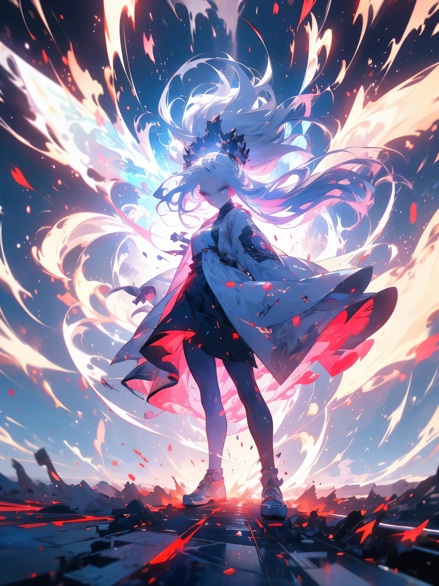 rage, girl exploding with rage where her eyes bleed, white hair flies like a whirlwind, bluish rays come out of her body, full body, omnipresence scenery, {extremely detailed 16k CG unit wallpaper}, expansive landscape photography, (a low view with focus on the character and setting), (wide open field view), (low angle shot)