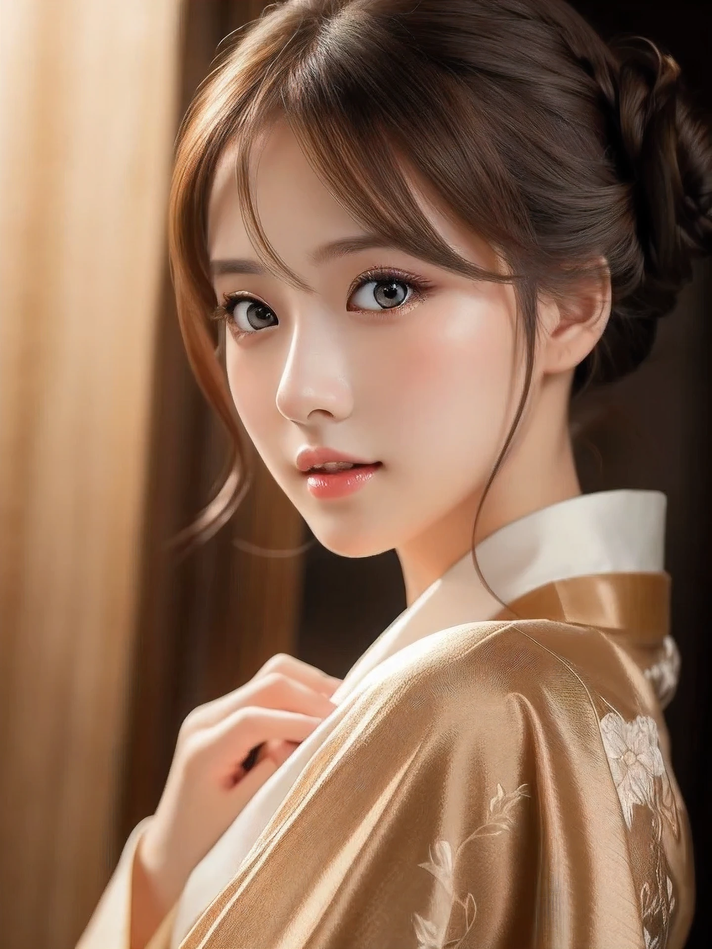 masterpiece, highest quality, High resolution, wallpaper, realistic, (bright lighting:1.4), professional lighting, face light, smooth lighting, (shoot from front:1.8), 1 girl, (in beautiful calm color kimono:1.5), cute, sleepy, open mouth to say something, shy, Beautiful girl, sexy, super beautiful, beautiful skin, beautiful and detailed eyes、detailed face、slim、moderately, half updo, brunette colored hair, brown eyes, Professional Photography,