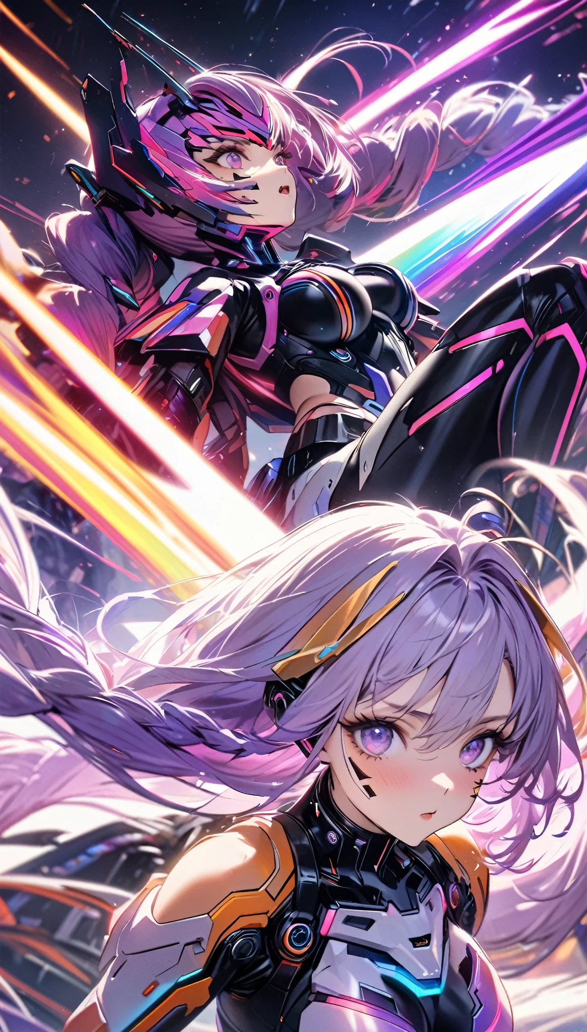 best quality, super fine, 16k, incredibly absurdres, extremely detailed, delicate and dynamic, (two beautiful female cyber warriors:1.7), background black and purple swirling black hole, galaxy, (cute cyber warrior with purple eyes and braided low twin tails with gradient from white to purple at the ends), and (cool beauty cyber warrior with gold eyes and rainbow-colored ponytail with braided sides), motion blur, action blur, various image effects