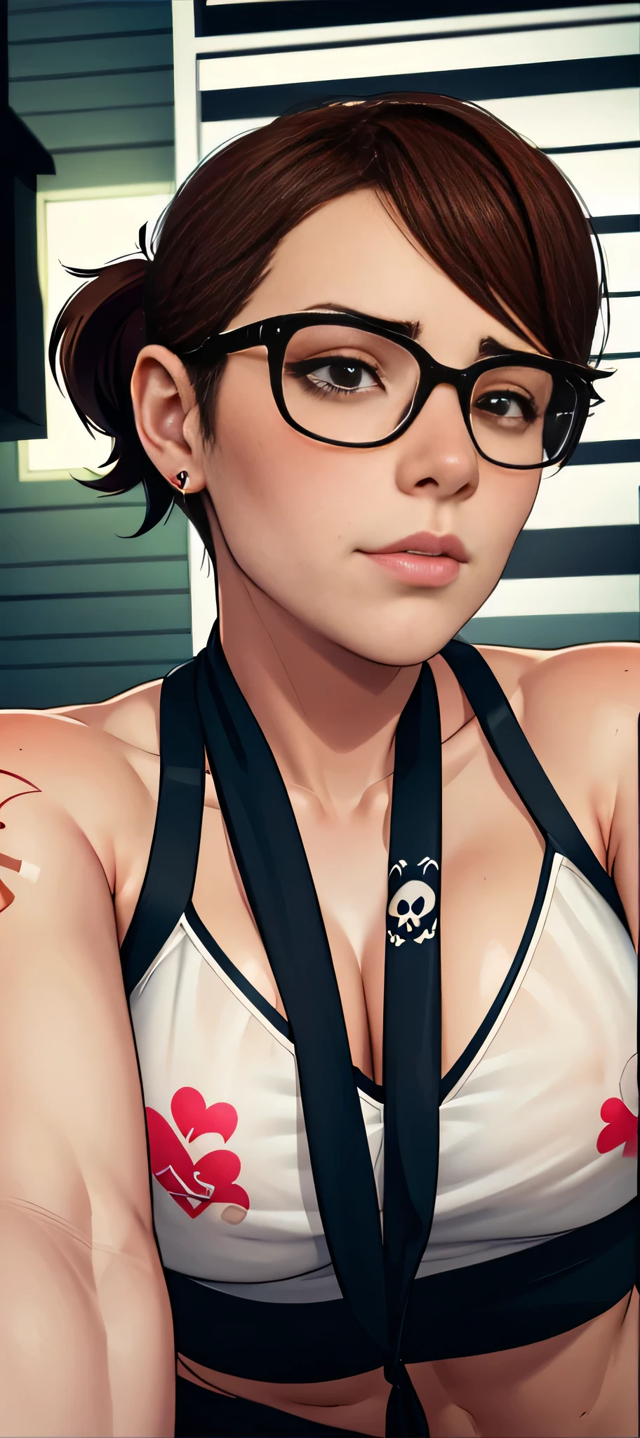 Short stoner hipster girl with glasses, Match Face And Tattoos from image above:2), brown hair:1.4, brown eyes, droopy b-cup tits:1.3, naked stretch-marked saggy tits:1.3, huge nipples:1.2, stretch marks:1.5, cannabis smoke, small skull and heart lineart tattoo on left collarbone:1.3, getting fucked rough:1.3, looking up at you, large penis:1.3, orgasm face:1.3, moaning:1.3, vaginal sex:1.5, mating press:1.3, vaginal penetration:1.3, flopping tits:1.5, action shot of flopping saggy tits:1.5 COMPLETELY NUDE:1.5
