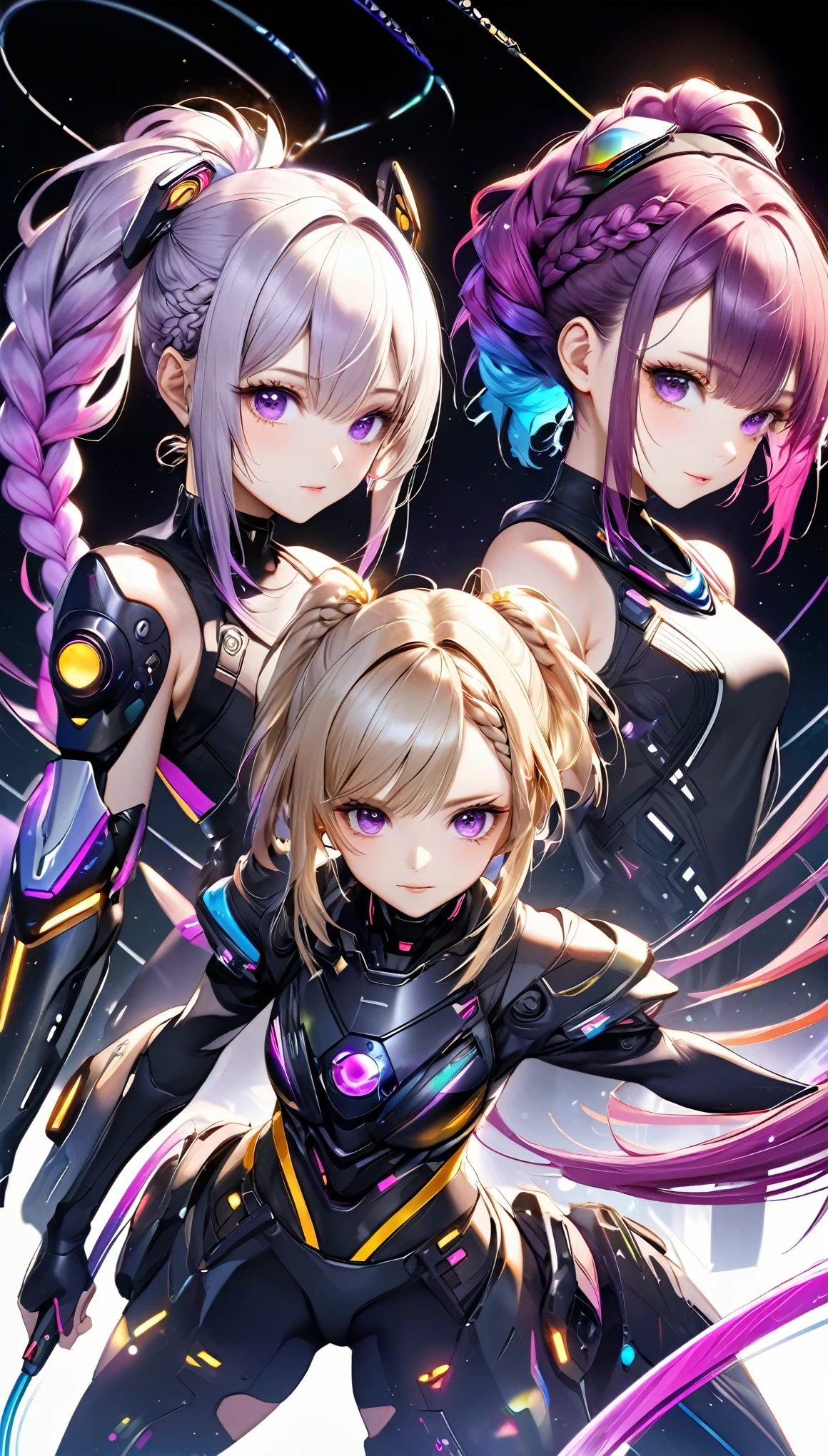 best quality, super fine, 16k, incredibly absurdres, extremely detailed, delicate and dynamic, (two beautiful female cyber warriors:1.7), background black and purple swirling black hole, galaxy, (cute cyber warrior with purple eyes and braided low twin tails with gradient from white to purple at the ends), and (cool beauty cyber warrior with gold eyes and rainbow-colored ponytail with braided sides), motion blur, action blur, various image effects