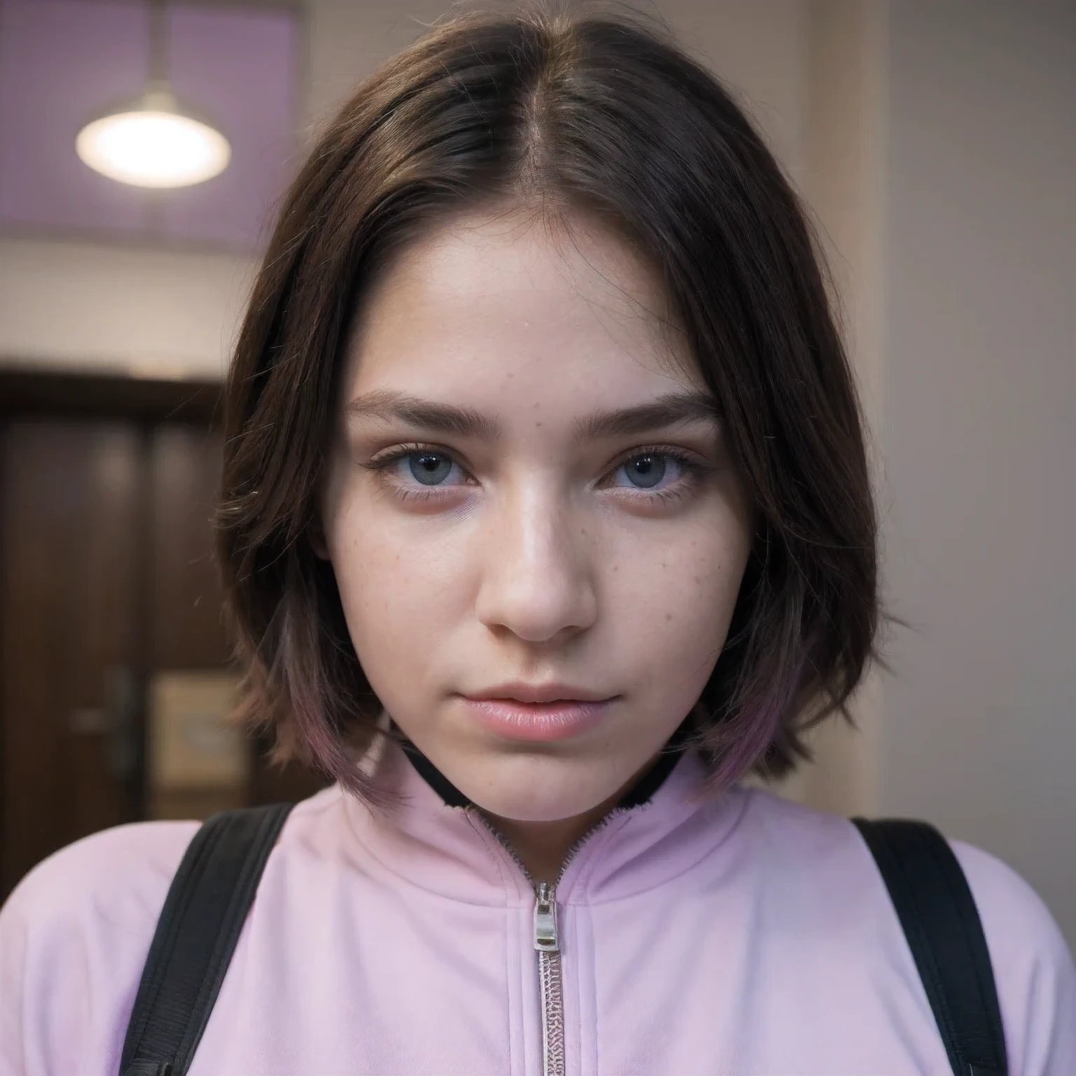 photo of a college student, in Purple Pink, futuristic space suit, (freckles:0.8) cute face, sci-fi, dystopian, detailed eyes, Heterochromia eyes（（school ））