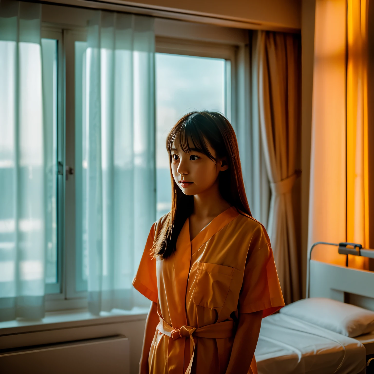 A beautiful 11-year-old Japanese girl standing in a hospital room　Soft Light　Orange curtains　A scene from a movie　8K Wind　Looking into the distance　Real　hair
