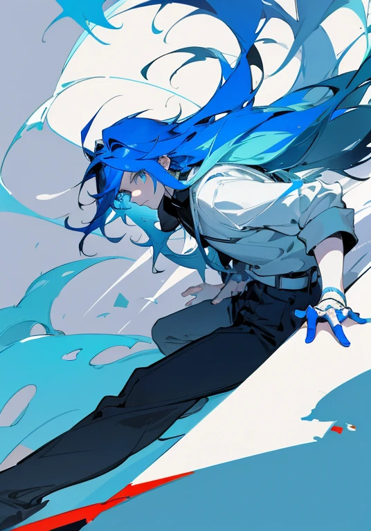 (masterpiece), (best quality),1 Boy,19-year-old male,(Simple background:1), (angle),messy blue hair,(long hair),(Low contrast),(Flat Color:0.7)