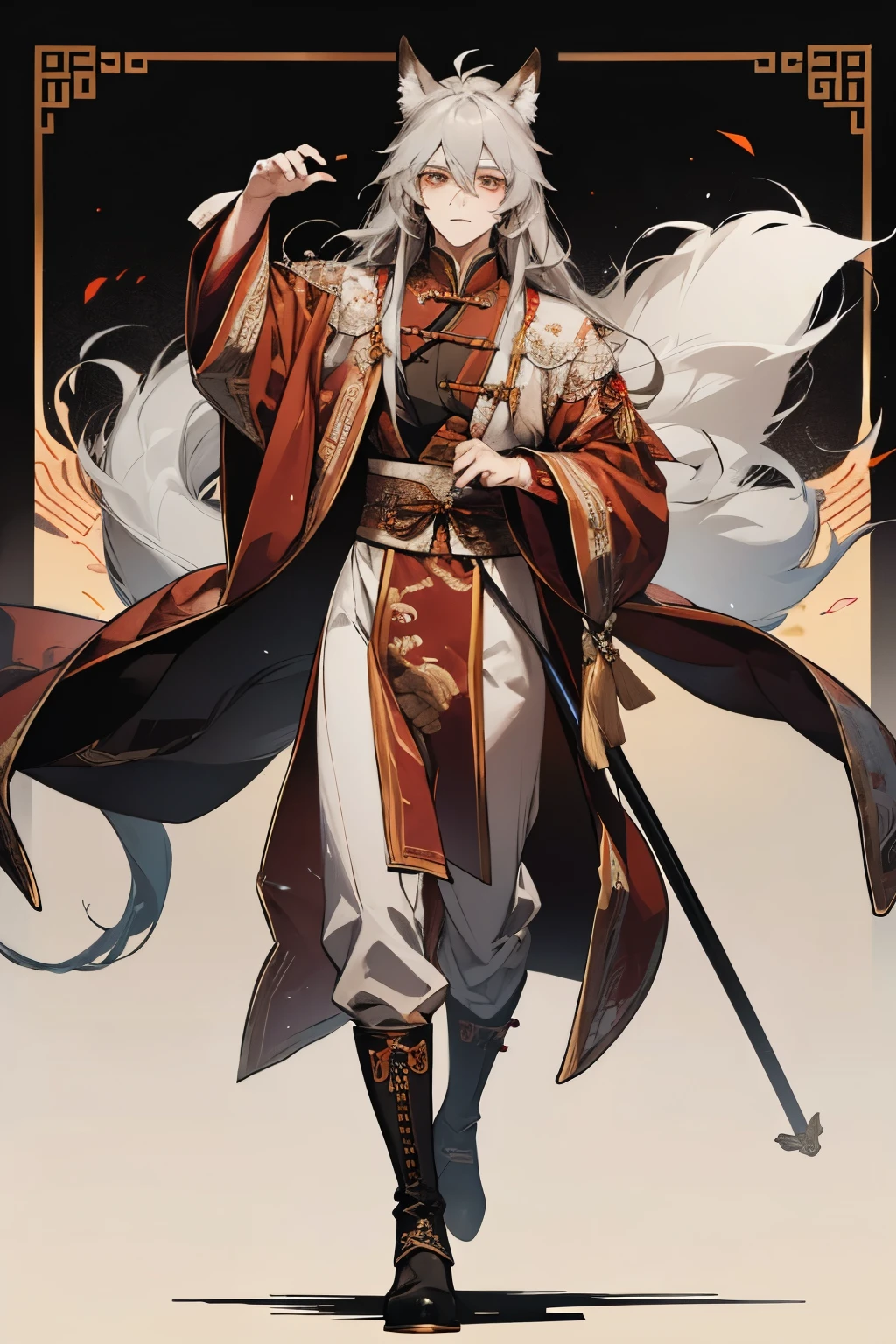 Gray long hair，man，Adult male，Fox Demon，Gray fox ears and tail，chinese costume，Long sleeve，robe，whole body，Chinese boots，whole body站姿，Qing dynasty clothing，Fortune teller clothes