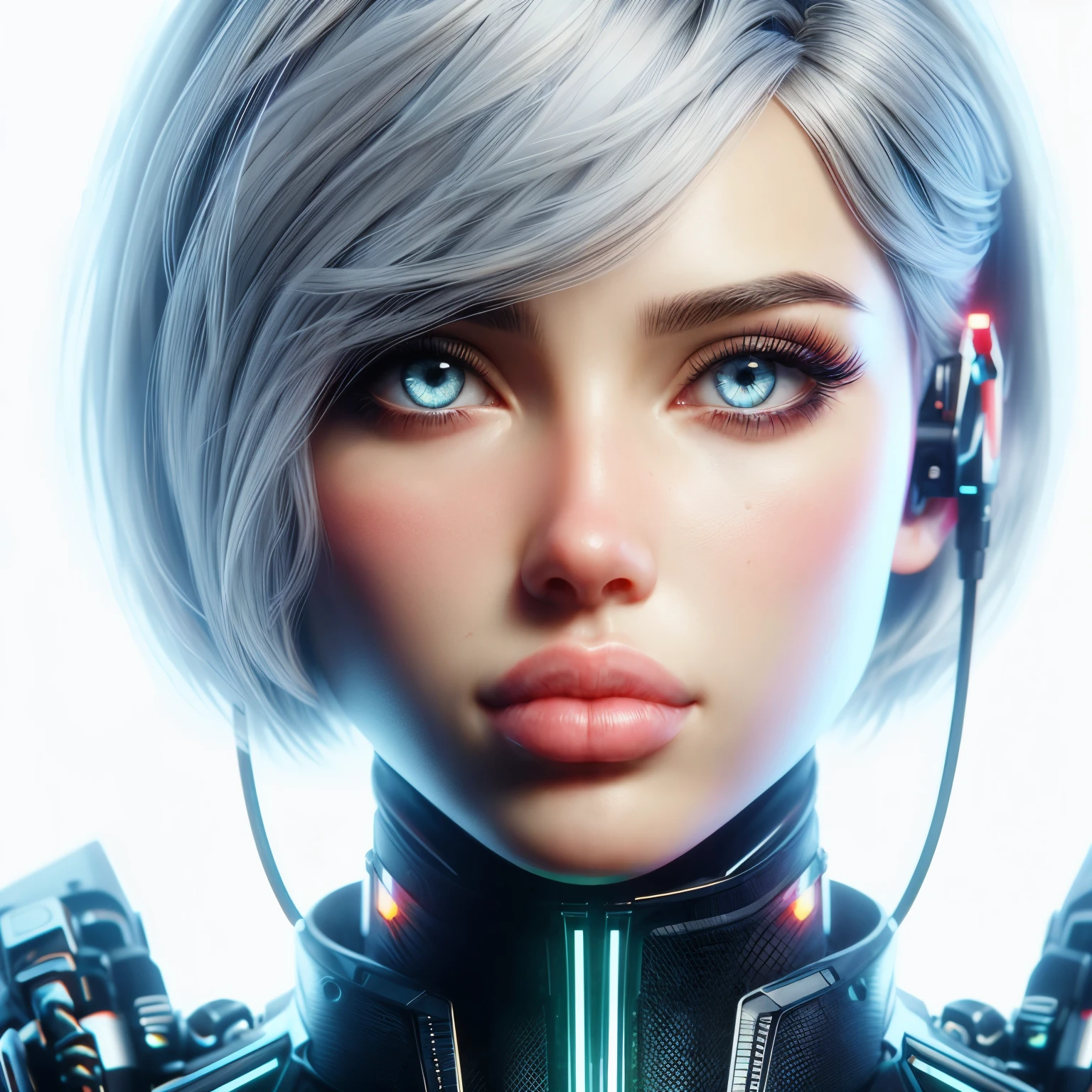 from front, 8k resolution, super detailed, High quality, full white background, abstract background, lip filler, nice lips, big lips, beautiful, medium, blue eye, neon clothes, cyberpunk, backlight, cyberpunk , crystal clear eyes, perfect eyes, perfect teeth