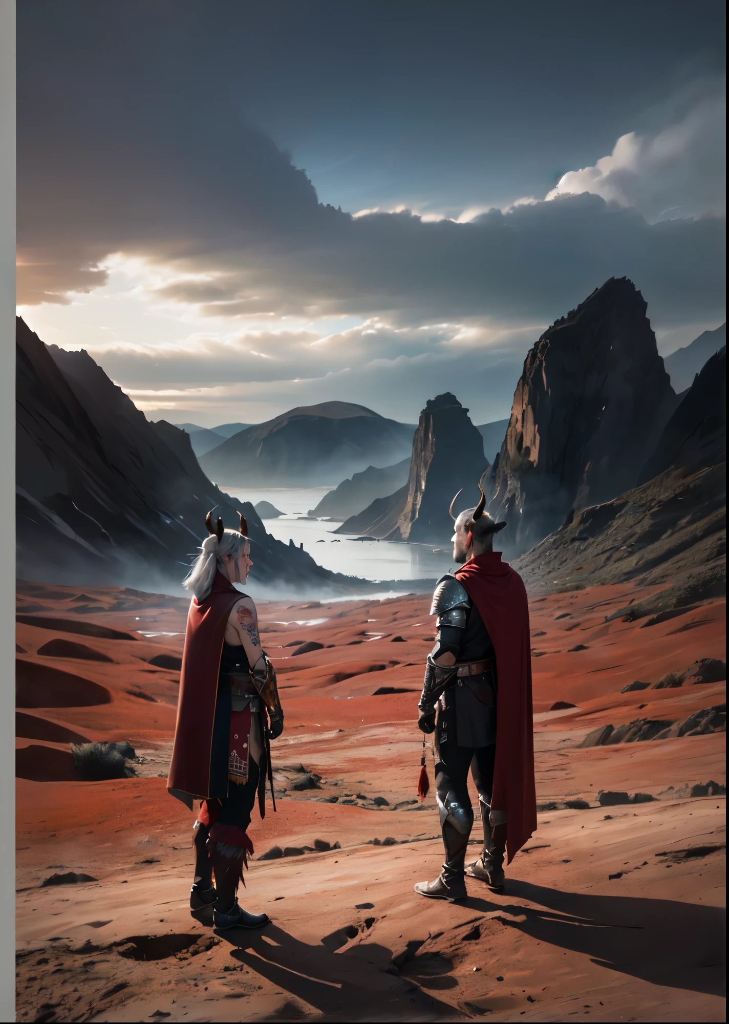  masterpiece, best quality, detailed  cloudy sky, rocky ambient, fjords, dry plains, red sand, north, village, hot coals, embers, smoke. frontal illumination, brightness, low contrast, sharp, blur detailer.
