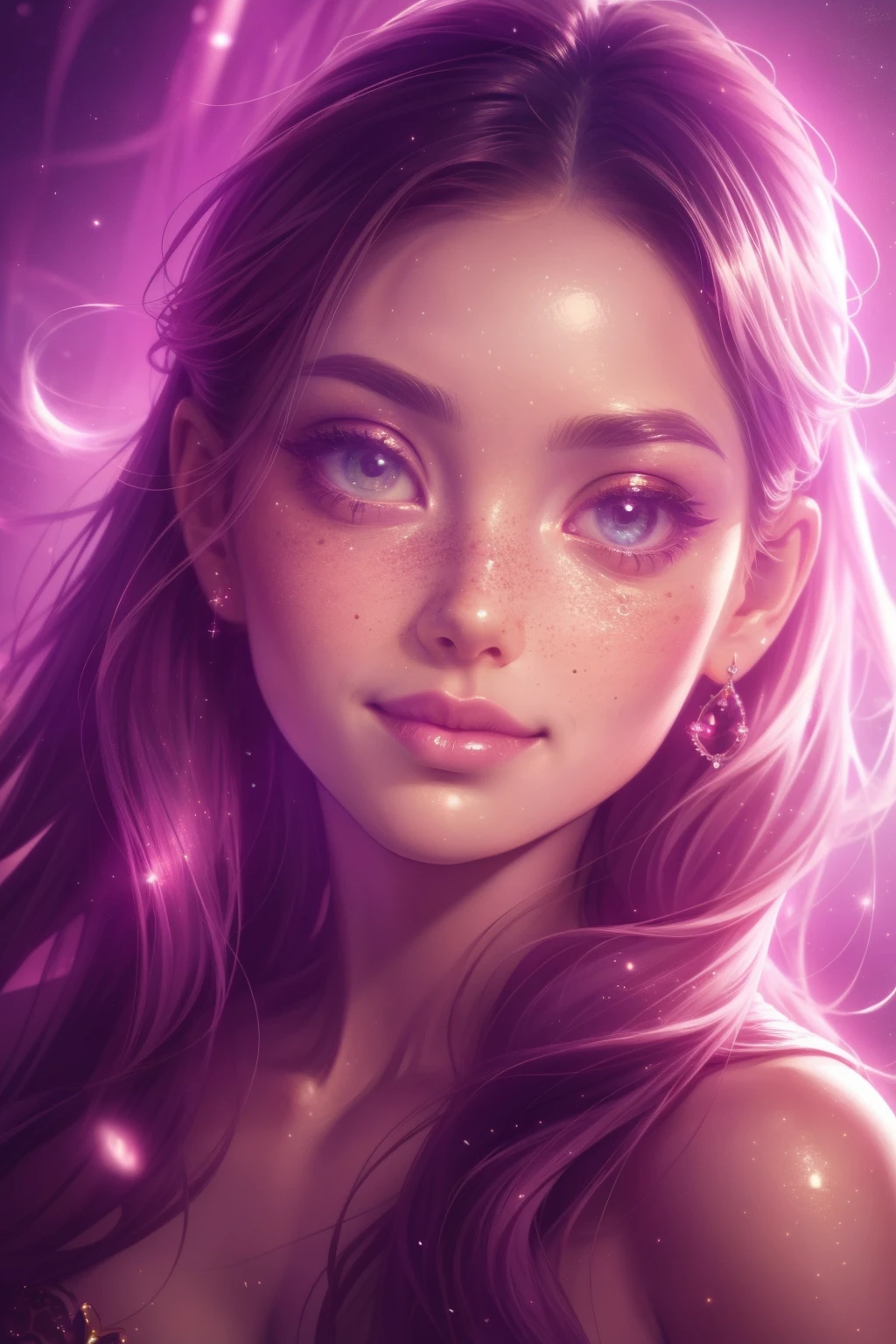 (This is a beautiful, intricate, (romatic) fantasy image that emphasizes beauty and grace.) Generate a blind curvy woman with soft natural freckles. Her face is important and should be (perfectly formed) with (beautiful puffy lips) and (perfect features). There is a cute freckle birthmark on her lip. The image exudes ethereal beauty and soft fantasy, with shimmering shades of pink throughout. Surround her with eternal roses in shimmering shades. Ensure perfection in her face, hair, and eyes. Include sweet and detailed birds and soft, luminous flowers and detailed roses. Utilize dynamic composition and dramatic lighting and cinematic lighting to create an interesting fantasy image. The background of the image is interesting and ultra-detailed, with soft fantasy lighting and gradients. Include fantasy details, cute aura, colorful, colourful, and interesting magical background. The image's background is decorated in shades of pink, shimmer, glitter, and fantasy details like colored bubbles and cosmos. Include subtle freckles, natural freckles and a diffused realistic skin tone. Incorporate elements of high fantasy, whimsy, and detailed elegance. English rose, princess, courtesan, noblewoman, sweet, lovely, calm, lovely, shimmering, glimmering, glittering, astrological fantasy, (((masterpiece))), (highest quality), magic rose, fantasy garden, beautiful face, perfect face, puffy lips, interesting, shy smile, fantasy elements, magic rose, beautiful eyes, perfect puffy lips, jewel tones, luminosity. Taken with a canon camera.