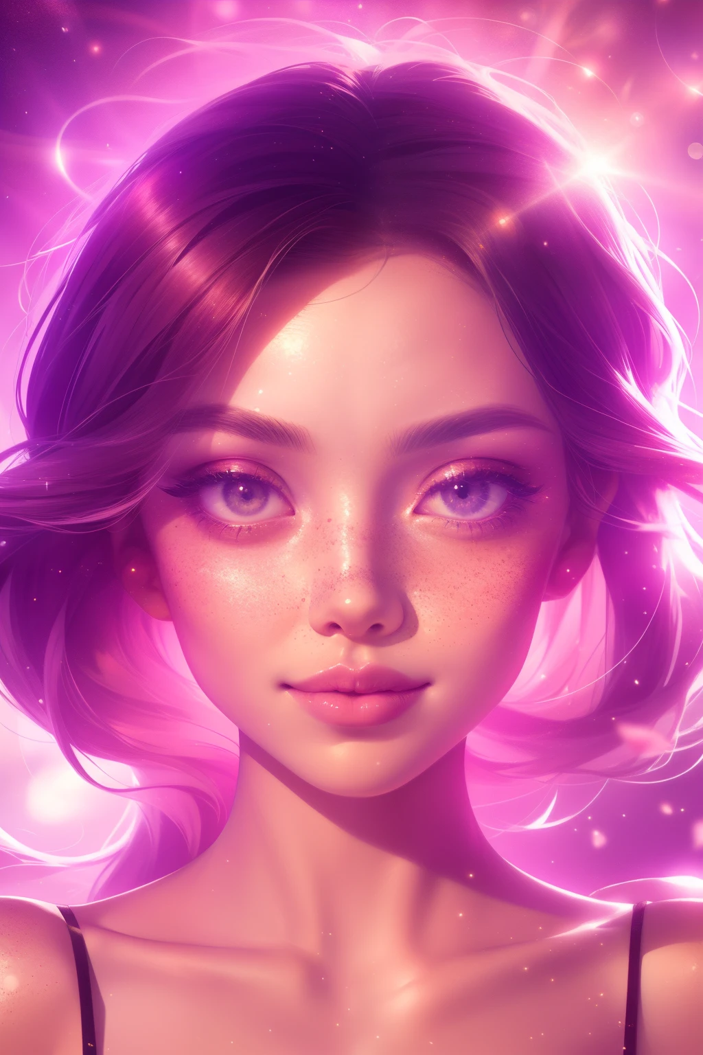 (This is a beautiful, intricate, (romatic) fantasy image that emphasizes beauty and grace.) Generate a blind curvy woman with soft natural freckles. Her face is important and should be (perfectly formed) with (beautiful puffy lips) and (perfect features). There is a cute freckle birthmark on her lip. The image exudes ethereal beauty and soft fantasy, with shimmering shades of pink throughout. Surround her with eternal roses in shimmering shades. Ensure perfection in her face, hair, and eyes. Include sweet and detailed birds and soft, luminous flowers and detailed roses. Utilize dynamic composition and dramatic lighting and cinematic lighting to create an interesting fantasy image. The background of the image is interesting and ultra-detailed, with soft fantasy lighting and gradients. Include fantasy details, cute aura, colorful, colourful, and interesting magical background. The image's background is decorated in shades of pink, shimmer, glitter, and fantasy details like colored bubbles and cosmos. Include subtle freckles, natural freckles and a diffused realistic skin tone. Incorporate elements of high fantasy, whimsy, and detailed elegance. English rose, princess, courtesan, noblewoman, sweet, lovely, calm, lovely, shimmering, glimmering, glittering, astrological fantasy, (((masterpiece))), (highest quality), magic rose, fantasy garden, beautiful face, perfect face, puffy lips, interesting, shy smile, fantasy elements, magic rose, beautiful eyes, perfect puffy lips, jewel tones, luminosity. Taken with a canon camera.