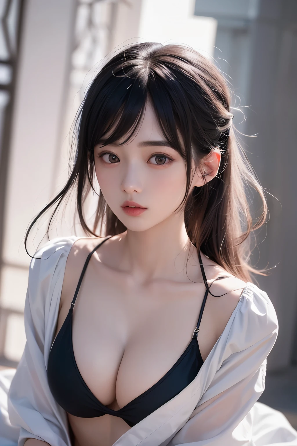 (1 nogizaka girl,raw photo,photo realistic:1.5),(best quality, high quality,HDR, highest quality,ultra high resolution,high resolution,high res,ultra high difinition,huge file size,8K,2K wallpaper,8K wallpaper,high quality texture,amazing,an extremely delicate:1.4),one girl, Japanese famous idol,beautiful face,small face,absurd,ridiculous,incredibly ridiculous,portrait,breasts close up,blurry background,(bikini,maid,cleavage,no makeup:1.2),medium skin,beautiful skin,detailed skin,small head,black hair,silky hair,(Japanese eyes:1.3),detailed eyes,black eyes,Japanese idol eyes,Japanese nose,5-fingers,(Light Particles, Lens Flare, Luminous Particles: 0.7),looking at viewer,bright lighting,professional lighting,girl
