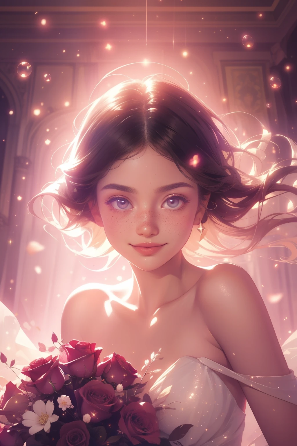 (This is a beautiful, intricate, (romatic) fantasy image that emphasizes beauty and grace.) Generate a blind curvy woman with soft natural freckles. Her face is important and should be (perfectly formed) with (beautiful puffy lips) and (perfect features). There is a cute freckle birthmark on her lip. The image exudes ethereal beauty and soft fantasy, with shimmering shades of pink throughout. Surround her with eternal roses in shimmering shades. Ensure perfection in her face, hair, and eyes. Include sweet and detailed birds and soft, luminous flowers and detailed roses. Utilize dynamic composition and dramatic lighting and cinematic lighting to create an interesting fantasy image. The background of the image is interesting and ultra-detailed, with soft fantasy lighting and gradients. Include fantasy details, cute aura, colorful, colourful, and interesting magical background. The image's background is decorated in shades of pink, shimmer, glitter, and fantasy details like colored bubbles and cosmos. Include subtle freckles, natural freckles and a diffused realistic skin tone. Incorporate elements of high fantasy, whimsy, and detailed elegance. English rose, princess, courtesan, noblewoman, sweet, lovely, calm, lovely, shimmering, glimmering, glittering, astrological fantasy, (((masterpiece))), (highest quality), magic rose, fantasy garden, beautiful face, perfect face, puffy lips, interesting, shy smile, fantasy elements, magic rose, beautiful eyes, perfect puffy lips, jewel tones, luminosity. Taken with a canon camera.