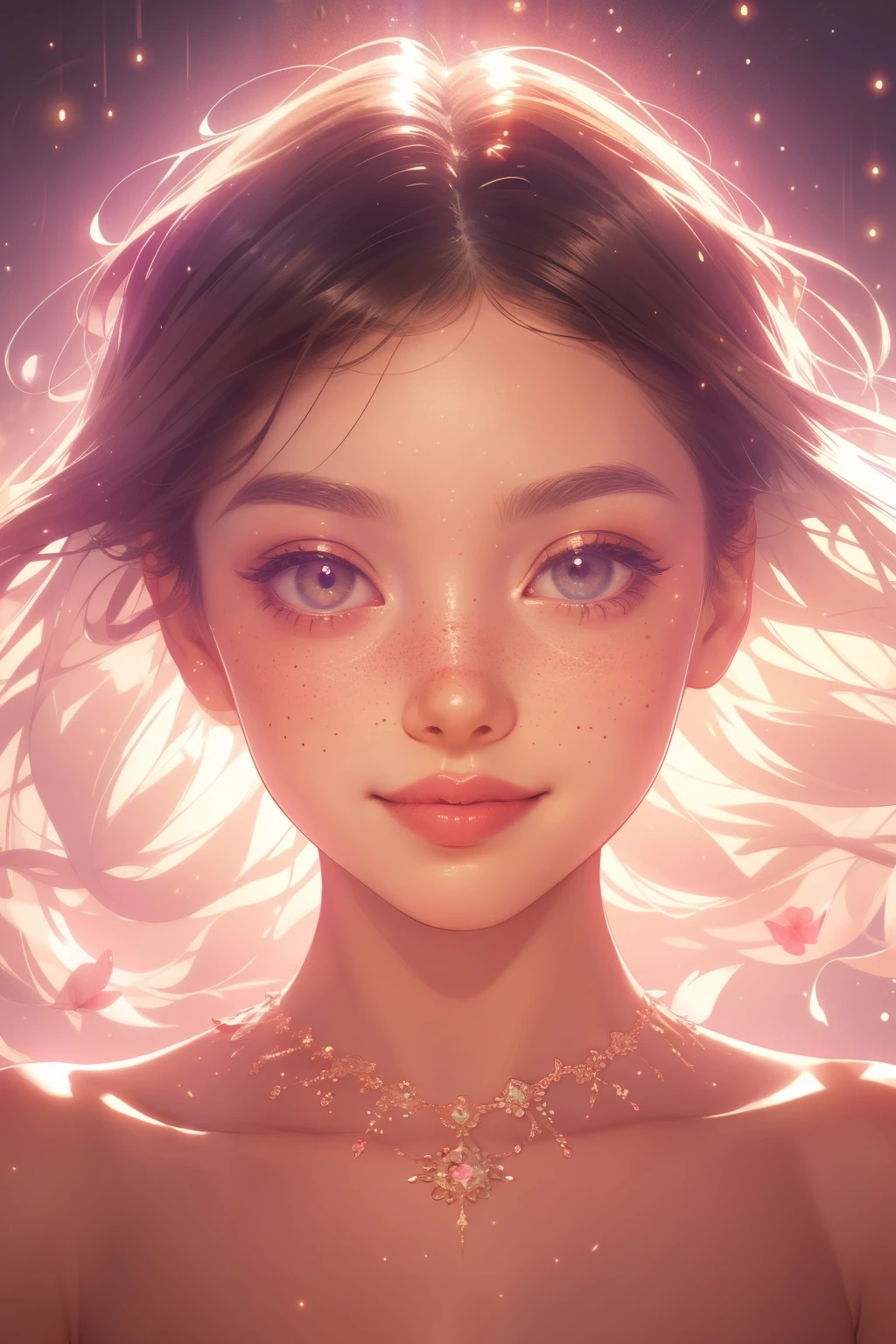 (This is a beautiful, intricate, (romatic) fantasy image that emphasizes beauty and grace.) Generate a blind curvy woman with soft natural freckles. Her face is important and should be (perfectly formed) with (beautiful puffy lips) and (perfect features). There is a cute freckle birthmark on her lip. The image exudes ethereal beauty and soft fantasy, with shimmering shades of pink throughout. Surround her with eternal roses in shimmering shades. Ensure perfection in her face, hair, and eyes. Include sweet and detailed birds and soft, luminous flowers and detailed roses. Utilize dynamic composition and dramatic lighting and cinematic lighting to create an interesting fantasy image. The background of the image is interesting and ultra-detailed, with soft fantasy lighting and gradients. Include fantasy details, cute aura, colorful, colourful, and interesting magical background. The image's background is decorated in shades of pink, shimmer, glitter, and fantasy details like colored bubbles and cosmos. Include subtle freckles, natural freckles and a diffused realistic skin tone. Incorporate elements of high fantasy, whimsy, and detailed elegance. English rose, princess, courtesan, noblewoman, sweet, lovely, calm, lovely, shimmering, glimmering, glittering, astrological fantasy, (((masterpiece))), (highest quality), magic rose, fantasy garden, beautiful face, perfect face, puffy lips, interesting, shy smile, fantasy elements, magic rose, beautiful eyes, perfect puffy lips, jewel tones, luminosity. Taken with a canon camera.