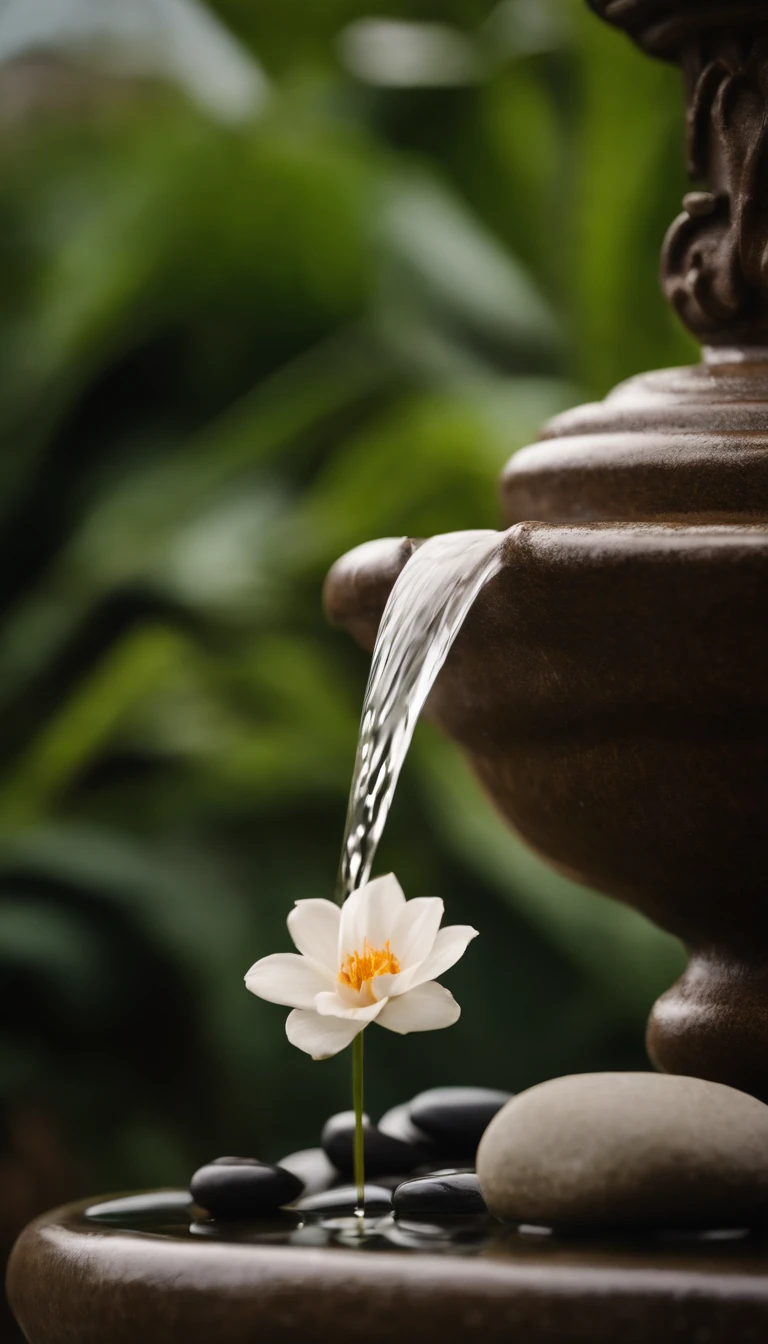a close-up of a water fountain with a flower and stones, Era natural background, Era feeling, Era temple background, Era atmosphere, Era meditation, Era garden, Ambiente sereno, Era aesthetic, floating in a powerful Era state, calmante, cena serena, massage in paradise garden, Era, sentimento calmo, health spa and meditation center, relaxante, serene emotion, lindo papel de parede