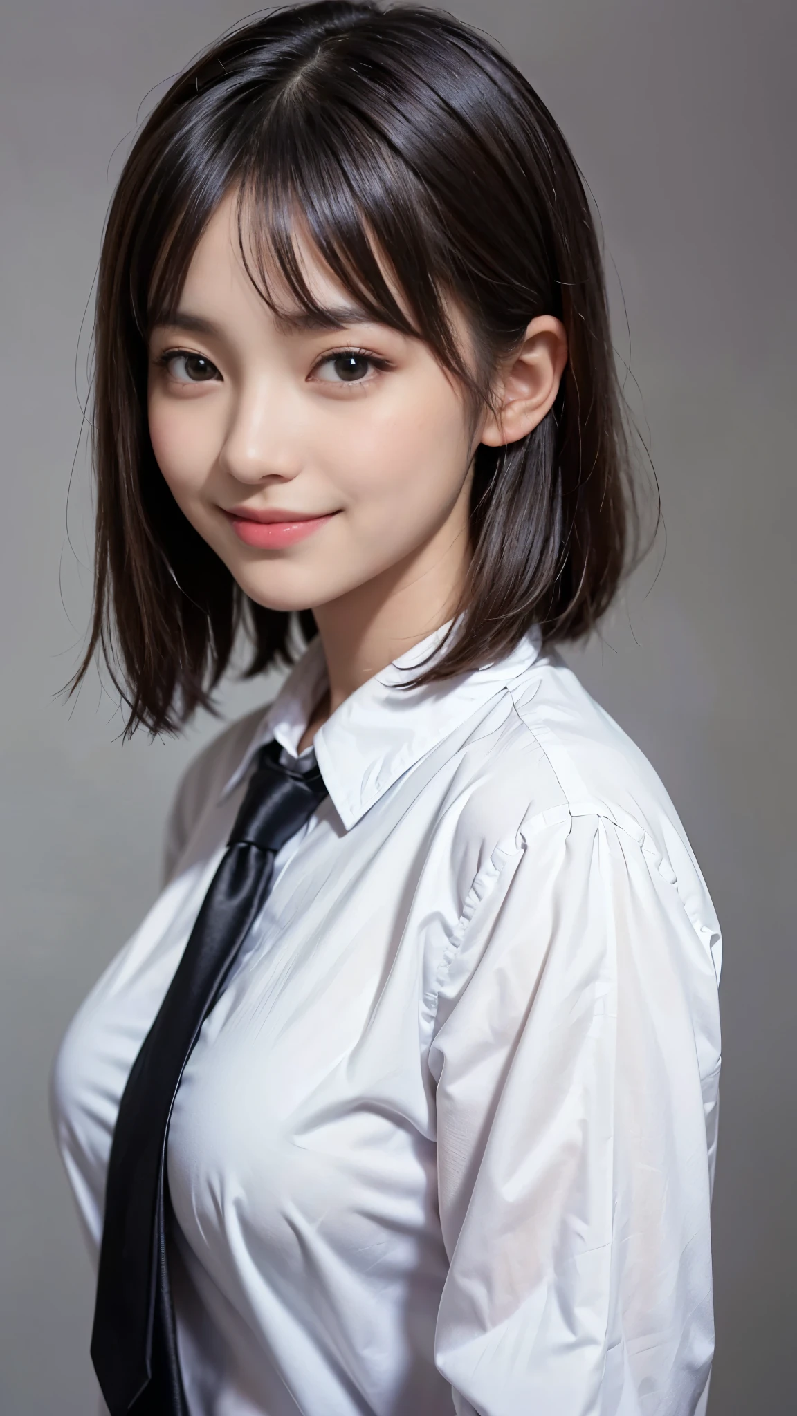 ((highest quality、Masterpiece、High resolution))、(((Zoom photo of upper body))、(A shy smile:1.2)、One 15-year-old female、Beautiful Skin、Beautiful Eyes、Large Breasts、shirt、tie、Black Hair、Trimmed bangs、Short Bob