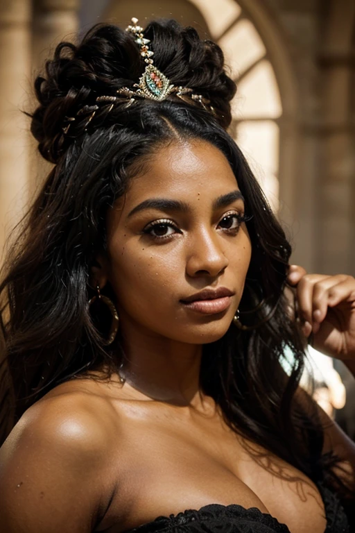 Imagine uma mulher negra com um rosto cheio e quadrado, whose cheekbones are perfectly sculpted. His deep black eyes radiate wisdom and strength. Your lips are full and big, expressing authentic and unmistakable beauty. Her long curly hair frames her face with a rich, voluminous texture.. Como brasileira afrodescendente, its presence exudes a unique blend of cultural heritage and vibrant identity, reflecting the history and diversity of Brazil.