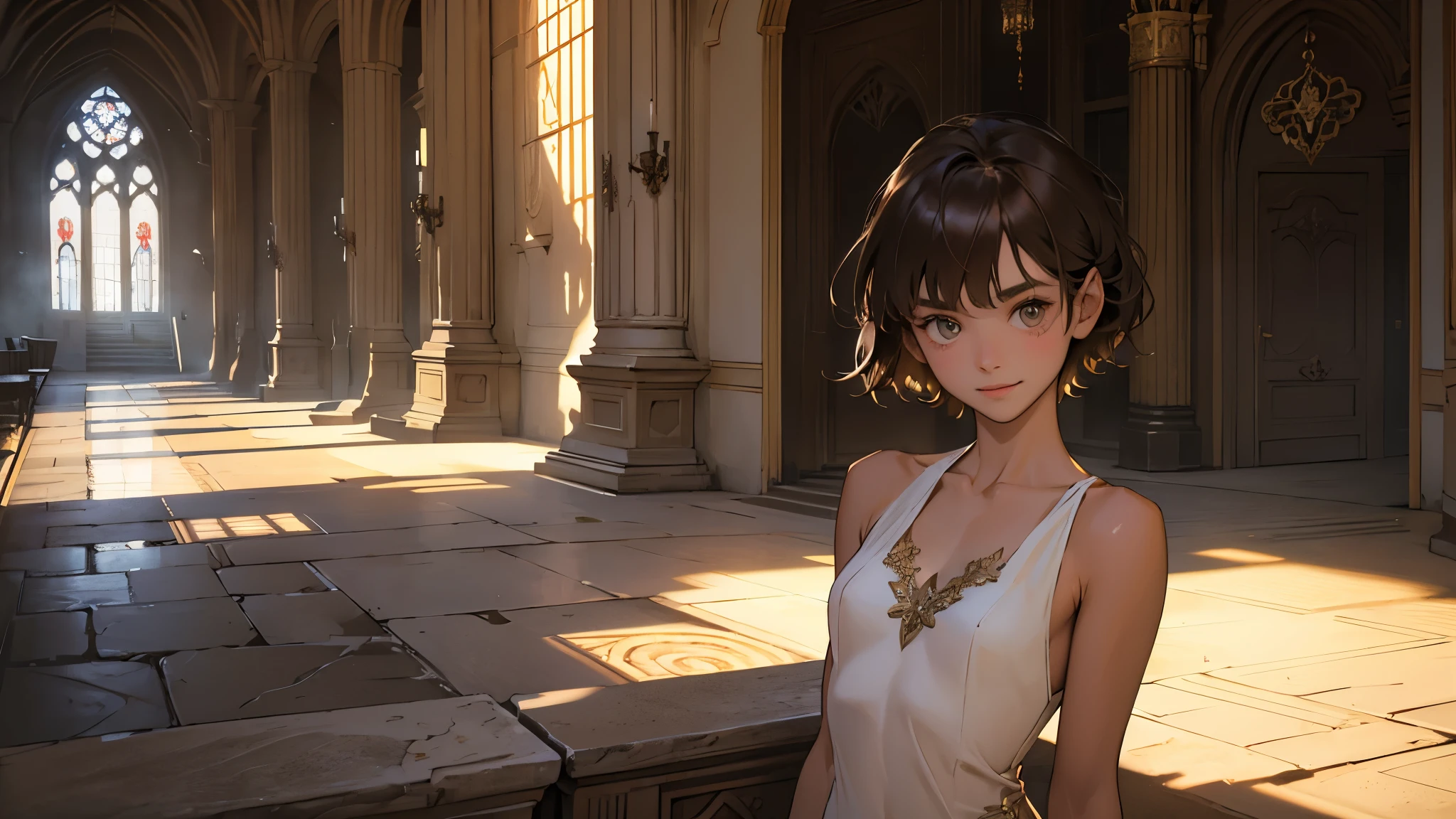 masterpiece, ultra detailed, 8K Portrait, Raw photo, a portrait photo of girl, Highly detailed face, beautiful and meticulous eyes, ((Fantasy)), 10 year old, young girl, little, mischievous childish smile, dark blonde short hair, brown eyes, Kind face, skinny, (oversized white one-piece dress) Fluttering in the wind, ((bare foots)), Midday Sun, Hyper realistic, in a medieval castle, Ambient lighting, Shadow details , strong breeze, Light fog