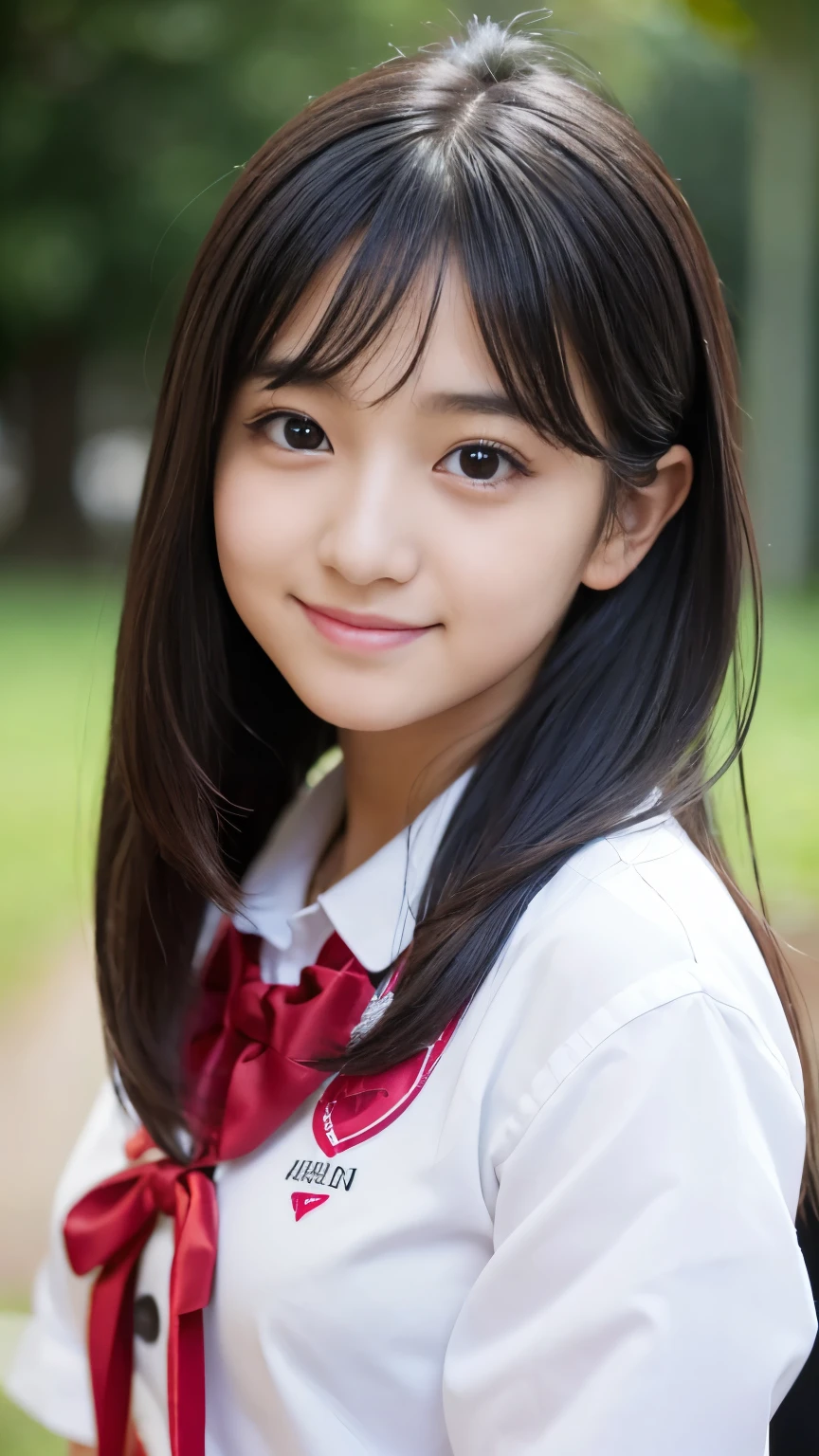 (Best-quality, Masterpiece, Ultra-High-Resolution, (Photorealistic:1.4), Raw Photo, depth of field, professional lighting, perfect anatomy, extremely details), 1girl, 15-years-old, the most famous Japanese idol, in high-school, wearing high-school uniform with cute design, (extremely cute face like the most popular Japanese idol, ((extremely cute ane extremely big black-eyes)), extremely beautiful hair, extremely beautiful skins, extremely cute long-eyelashes, extremely cute lips), extremely beautiful thighs, looking at viewer, innocent smile, dynamic pose