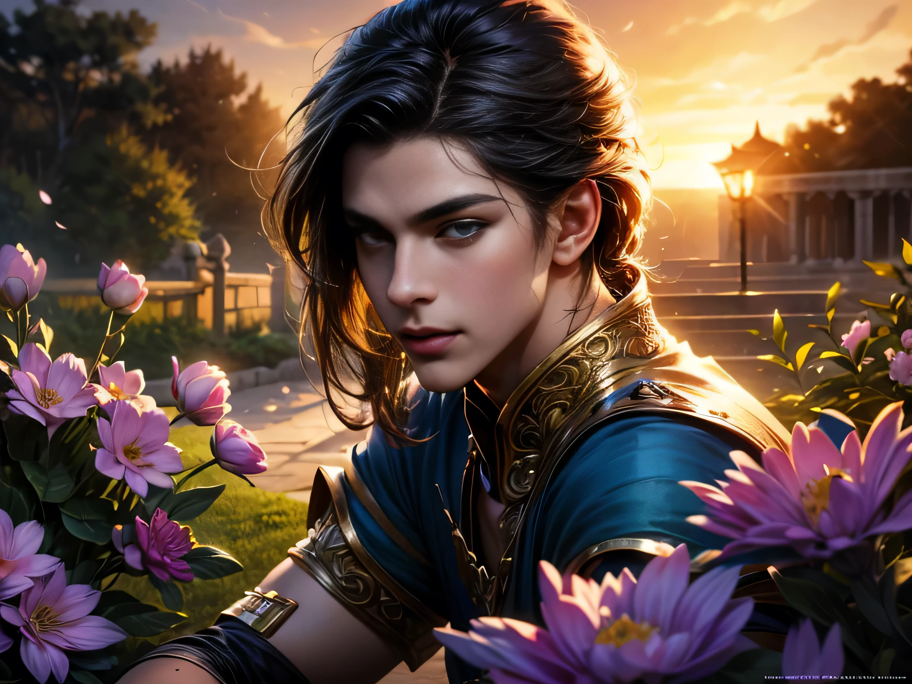 (Best Quality, 8K, Masterpiece, HDR, Soft Lighting, Picture Perfect, Realistic, Vivid), Garden with blue and pink flowers, a handsome man is lying on the grass, a small fox is lying on his chest, he has beautiful blue eyes and a kind smile , black hair, he has a naked torso with a perfect body, he is wearing a Tang Dynasty dress, a man, a cute man, blue eyes, a smile (ultra high quality fantasy art, majestic fantasy style), masterpiece, ultra high quality male character design, anime- art in 8k resolution, realistic anime art, highest quality wallpaper illustration, detailed ultra high quality accurate male character face, high quality design and accurate physics, male character) (ultra high quality) fantasy art, dark fantasy style), masterpiece, ultra high quality characters, anime with -8k resolution, realistic anime art, highest quality wallpaper illustration, ultra high facial detail, high quality design and accurate physics), color difference, depth of field, dramatic shadows, ray tracing, High quality and detailed computer wallpapers in 8K resolution. (Accurate simulation of the interaction of light and material)], [Visual art that conveys the meaning of history]