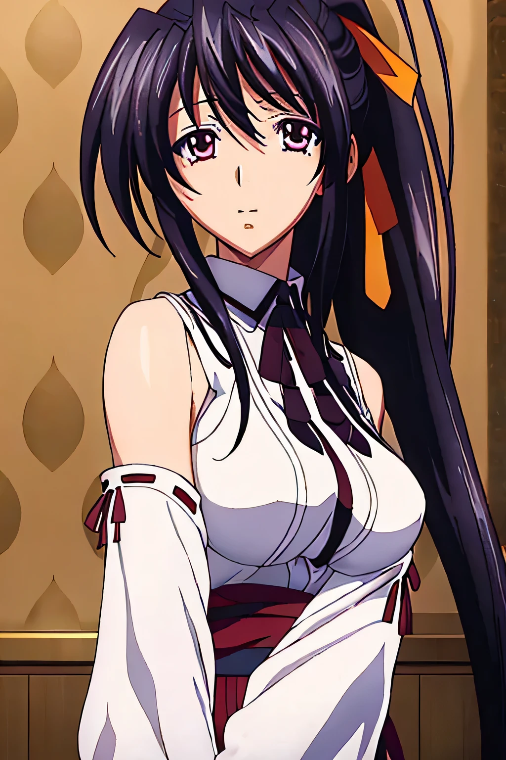 1 woman, akeno himejima, long black hair, ponytail, ((detailed eyes:1.2)), wearing translucent miko outfit, sexy, sensual, sleeveless, sideboob, underboob, masterpiece, top quality, best quality, official art, beautiful and aesthetic:1.2), extreme detailed, colorful, highest detailed