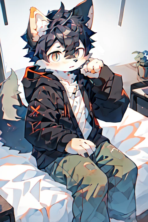 author:angiedrgon, Log, pure, anthropology, male, Solitary, clothing, fur, , black clothing, , White top, There are eyelids, black hoodie,in the bedroom,Big Tail,Sitting on the bed