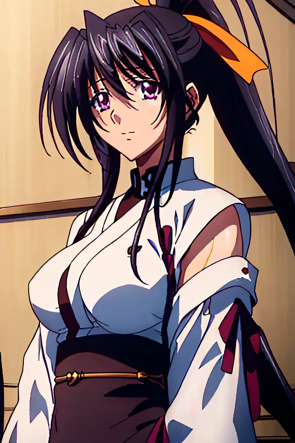 1 woman, akeno himejima, long black hair, ponytail, ((detailed eyes:1.2)), wearing translucent miko outfit, sexy, sensual, sleeveless, sideboob, underboob, masterpiece, top quality, best quality, official art, beautiful and aesthetic:1.2), extreme detailed, colorful, highest detailed