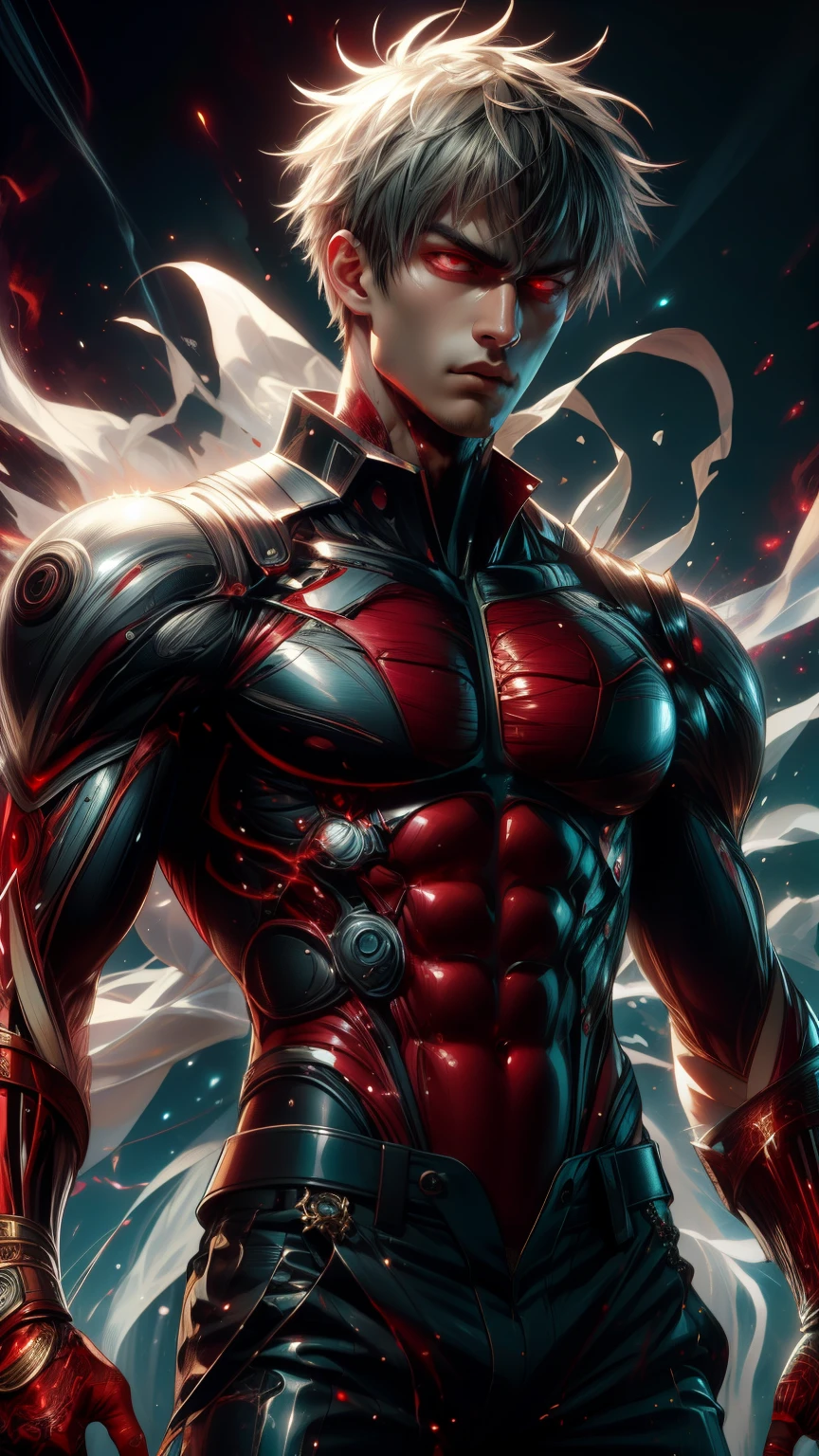 "Enjoy a visual feast as you witness the astonishing transformation of handsome 20-year-old Saitama, a being of unparalleled strength and captivating aura. With brilliant short-cut black hair and red eyes penetrating, this energetic person will surprise you."