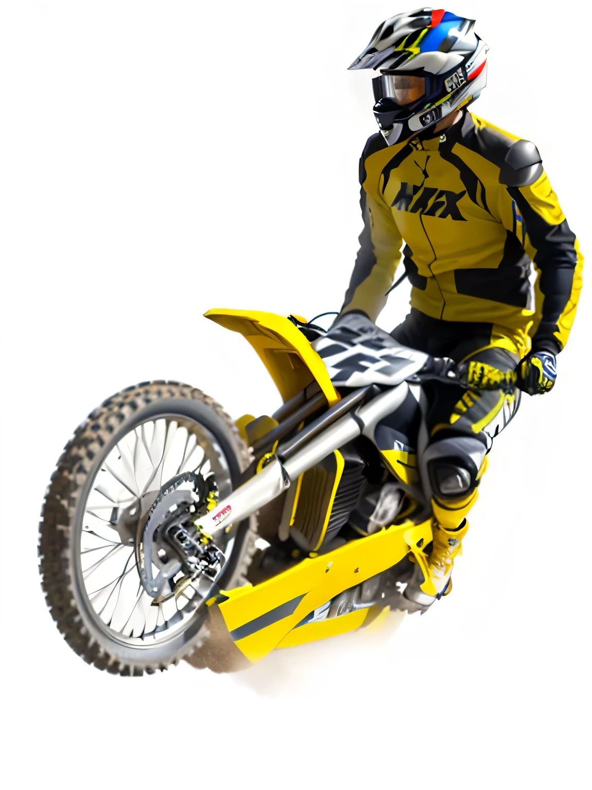 arafed motorcyclist riding a yellow motorcycle on a white background, motocross bike, motocross rider on dirt jump, motorbike, mx2, picture of a male biker, motorbiker, wheelie, dakar motorbike, liam brazier, yellow, motorcycle, rotoscoped, whip, riding, action sports, with yellow cloths, profile shot, digital rendering