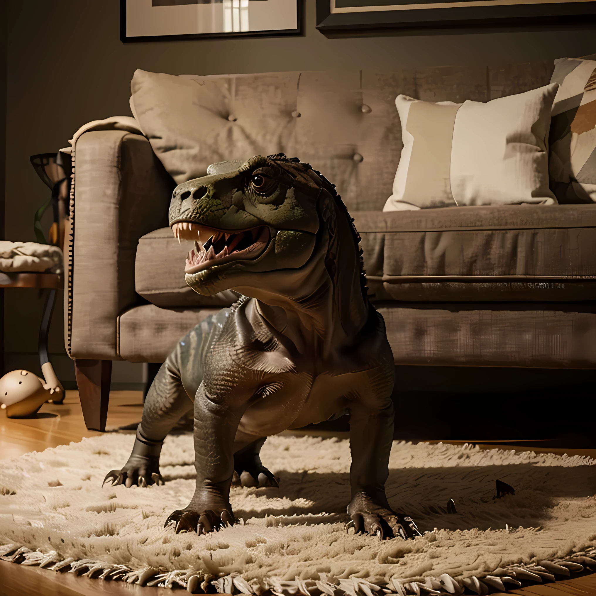 Imagine an image of a baby cute Tyrannosaurus Rex as a pet in a modern-day home. The baby T-Rex, about the size of a large dog, has big, curious eyes and a slightly oversized head compared to its small, scaly body. Its tiny, yet sharp teeth peek out from its open mouth, giving it a somewhat mischievous look. The skin is a mix of earthy browns and greens, with a few darker stripes running down its back.
In the background, you see a cozy living room with a plush sofa, a coffee table, and a few scattered toys. The baby T-Rex is standing on a soft rug, surrounded by chew toys, some of which are already showing signs of wear from its small but powerful jaws. There's a large, sturdy pet bed in the corner, clearly designed to accommodate its growing size.
A person, perhaps its owner, is kneeling next to the T-Rex, gently patting its head. The baby dinosaur is looking up, seemingly enjoying the attention, with a hint of playful energy in its stance, ready to pounce or chase after a toy at any moment. The overall scene blends the ancient and the modern, creating a charming and whimsical portrayal of a prehistoric creature as a beloved household pet.