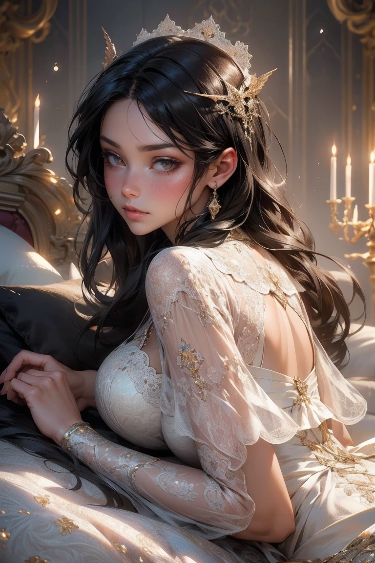 {-erro_de_anatomia:1.0}(best quality,4k,8k,highres,masterpiece:1.2), ultra-detailed, (realistic,photorealistic,photo-realistic:1.37), mature milf, illyasviel von einzbern, black hair, upper body, vibrant colors, glowing skin, mesmerizing eyes, brown eyes, elegant pose, enchanting background, delicate lace dress, surreal lighting, ethereal atmosphere, mystical aura, intricate details, artistic medium, digital illustration, fantasy, anime, laying on the floor, backwards, looking back