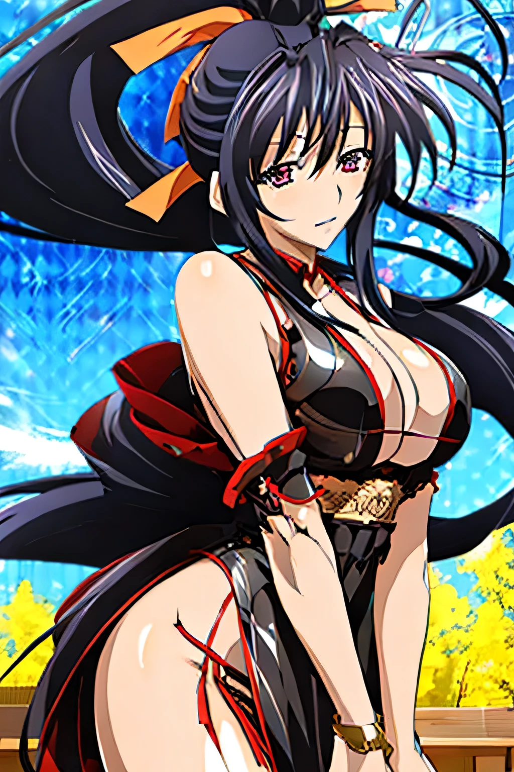 1 woman, akeno himejima, long black hair, ponytail, ((detailed eyes:1.2)), wearing translucent miko outfit, sexy, sensual, sleeveless, sideboob, underboob, masterpiece, top quality, best quality, official art, beautiful and aesthetic:1.2), extreme detailed, colorful, highest detailed