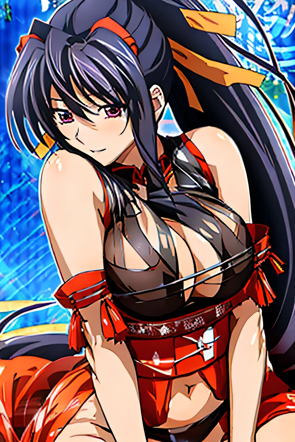 1 woman, akeno himejima, long black hair, ponytail, ((detailed eyes:1.2)), wearing translucent miko outfit, sexy, sensual, sleeveless, sideboob, underboob, masterpiece, top quality, best quality, official art, beautiful and aesthetic:1.2), extreme detailed, colorful, highest detailed