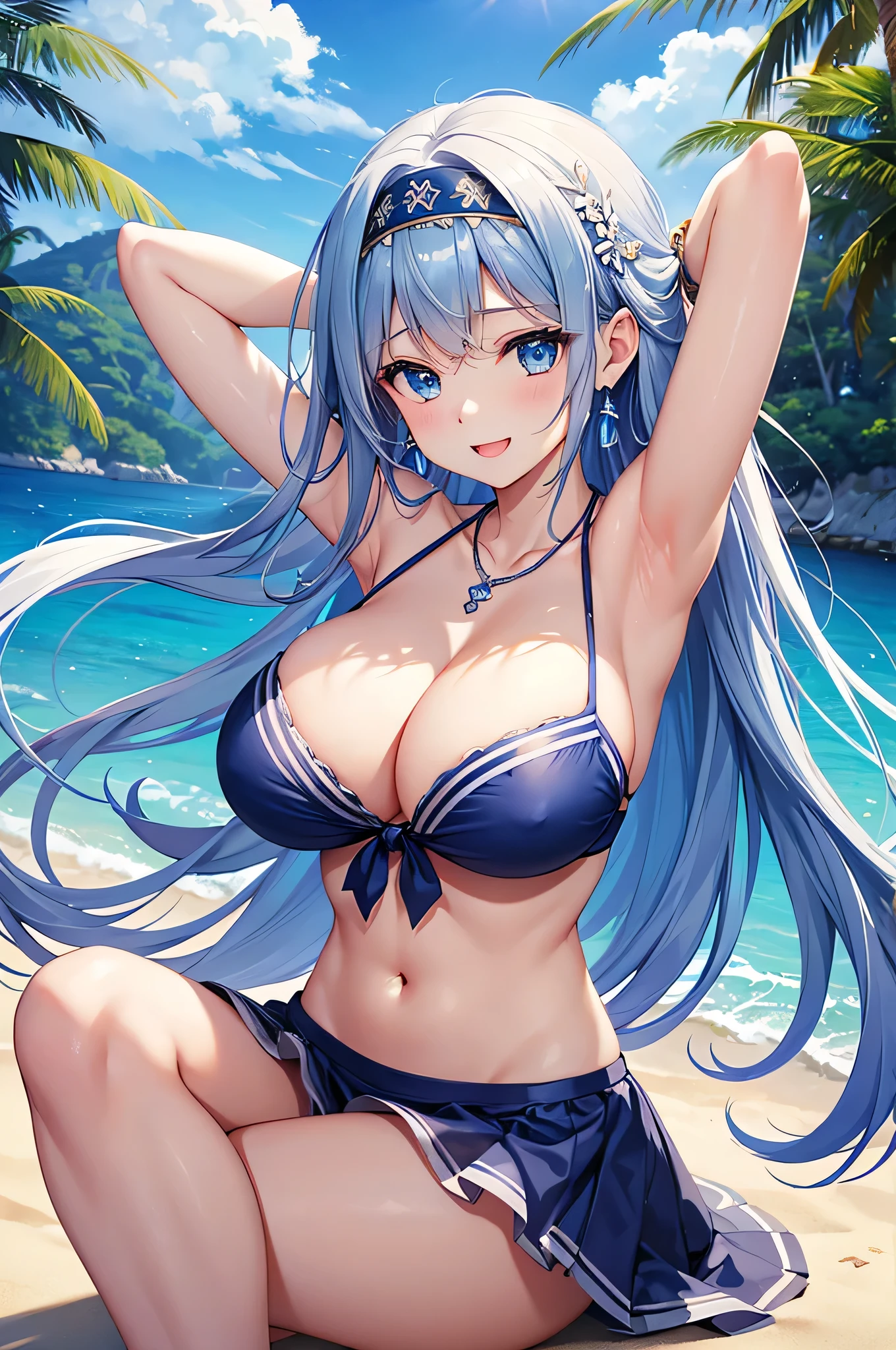 highest quality、Best image quality、masterpiece、beautiful girl、Navy blue long hair、blue eyes、Navy Blue Bikini、Big cleavage、(Big Breasts)、smile、blue necklace、Blue Earrings、background(Beach)、Please open your mouth wide、White headband、bracelet、Raise your arms and place your hands behind your head、Raise your elbows above your head、