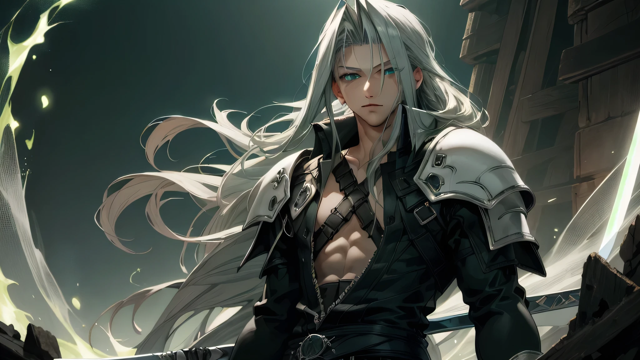 (masterpiece, highest quality), Intricate details, One boy, Are standing, (View Viewer), Sephiroth \(Final Fantasy\),  (Glowing green blue eyes), Dark Theme, Professional Lighting, Grey Hair, arms, sword, gloves, Long sleeve, Parted bangs, black gloves, Chest strap, 