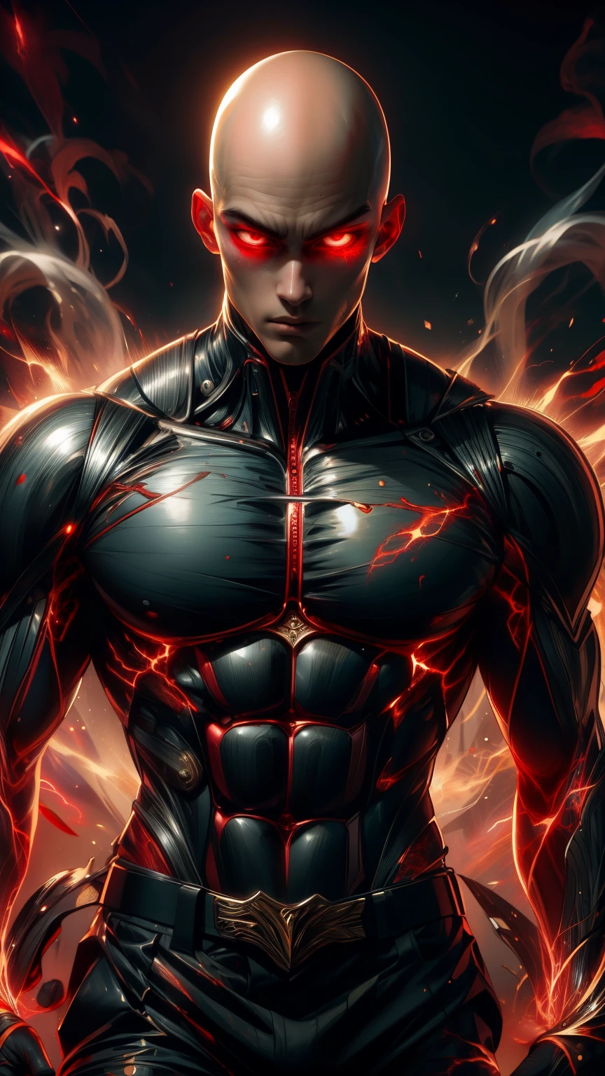 "Enjoy a visual feast as you witness the astonishing transformation of handsome 20-year-old Saitama, a being of unparalleled strength and captivating aura. With brilliant short-cut black hair and red eyes penetrating, this energetic person will surprise you."