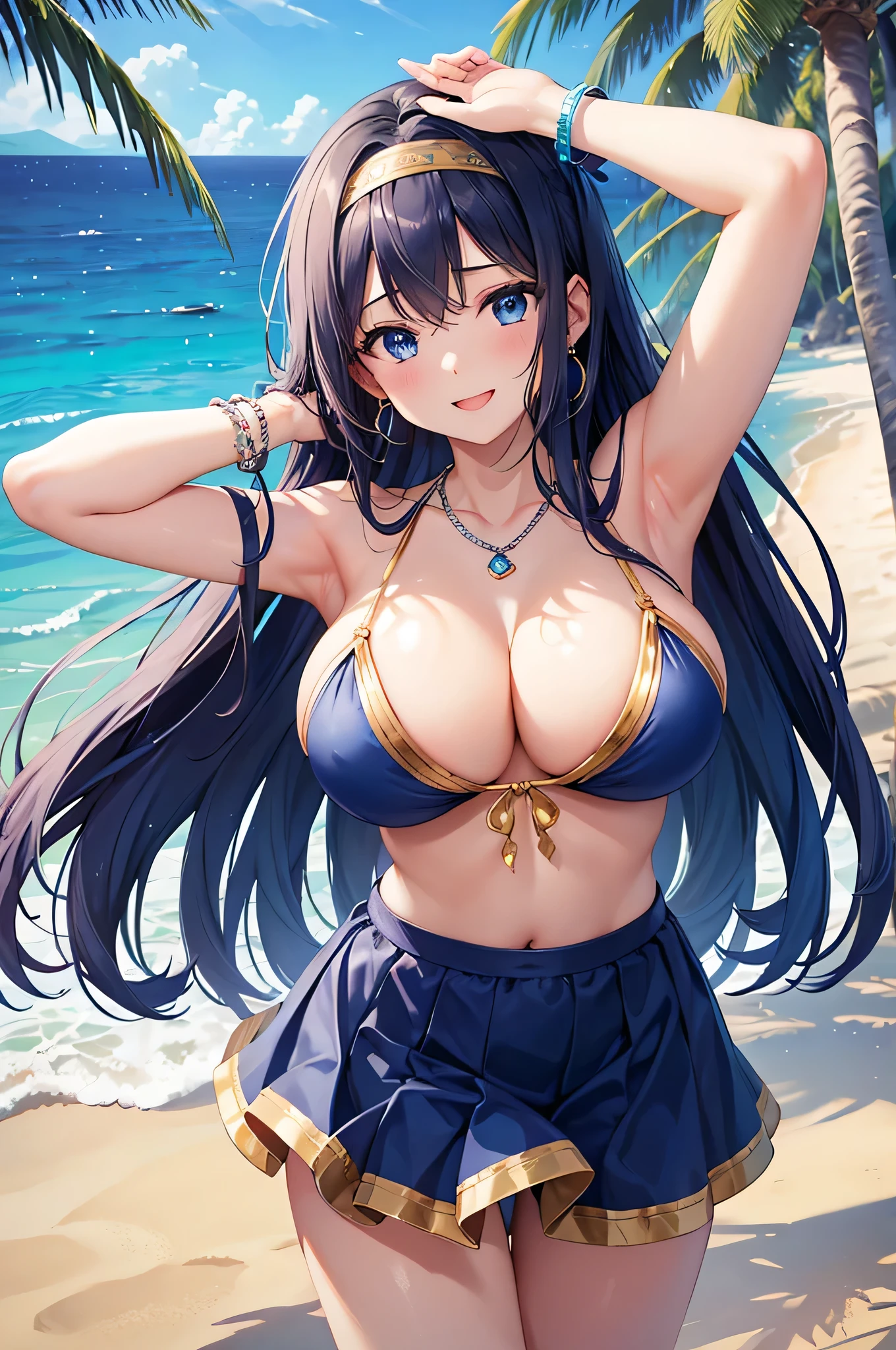 highest quality、Best image quality、masterpiece、beautiful girl、Navy blue long hair、blue eyes、Navy Blue Bikini、Big cleavage、(Big Breasts)、smile、blue necklace、Blue Earrings、background(Beach)、Please open your mouth wide、White headband、bracelet、Raise your arms and place your hands behind your head、Raise your elbows above your head、
