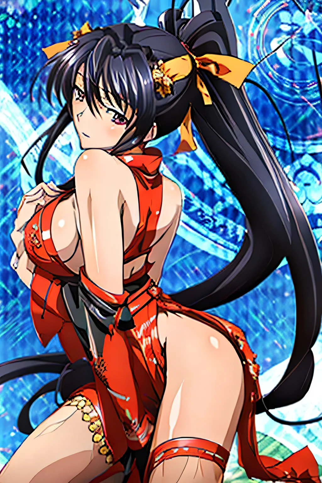 1 woman, akeno himejima, long black hair, ponytail, ((detailed eyes:1.2)), wearing translucent miko outfit, sexy, sensual, sleeveless, sideboob, underboob, masterpiece, top quality, best quality, official art, beautiful and aesthetic:1.2), extreme detailed, colorful, highest detailed