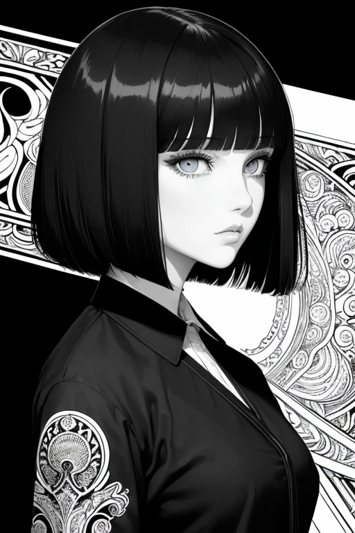 Beardsley style,ink art,(Best Quality,masutepiece:1.2),(black and white comic core:1.1),(extreme high contrast),Dark ink, 1 beautiful girl, side view, school_uniform, bob_cut_hair, bangs, Very_beautiful_face, very_beautiful_eyes, even_eyes