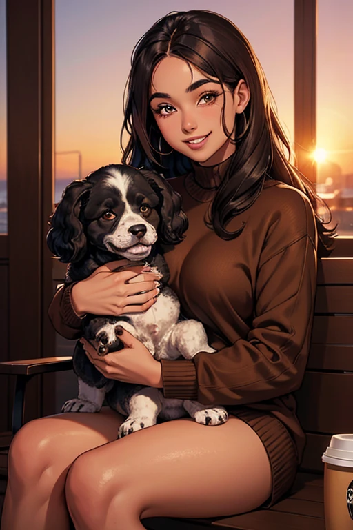 Cabelo preto longo e liso, olhos castanhos, rosto redondo, girl wearing brown sweater, sitting not coffee drinking coffee, sunset, toothy smile without bangs, holding a poodle puppy in her arms