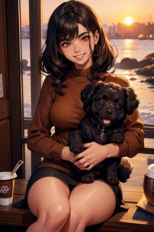 Cabelo preto longo e liso, olhos castanhos, rosto redondo, girl wearing brown sweater, sitting not coffee drinking coffee, sunset, toothy smile without bangs, holding a poodle puppy in her arms