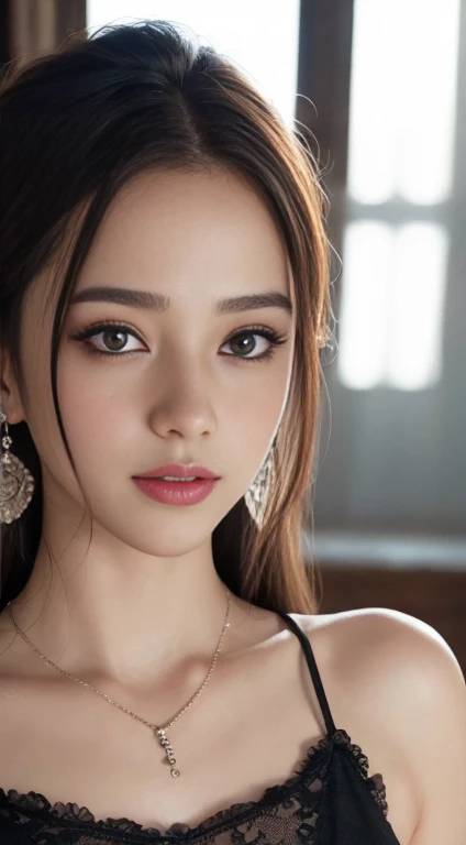 8k, Tabletop, RAW Photos, highest quality, Realistic, Highly detailed CG Unity 8k wallpaper, Written boundary depth, Cinematic Light, Lens flare, Ray Tracing, (Very beautiful face, Beautiful Lips, Beautiful Eyes), Intricately detailed faces, ((Highly detailed skin)) 1 female, In the Dark, Deep Shadow, cute, ((Looking at the audience)), (A captivating smile), (Blurred Background), Earrings, bracelet, necklace, Clear Eyes, Bedroom, Front shot, (Pale skin), I'm looking forward to, (Big eyes), ((Short corset)), (Camel Toe, shape), (Hair Bun), (Big Breasts:1.3), ((smile)), ((Camel Toe)),