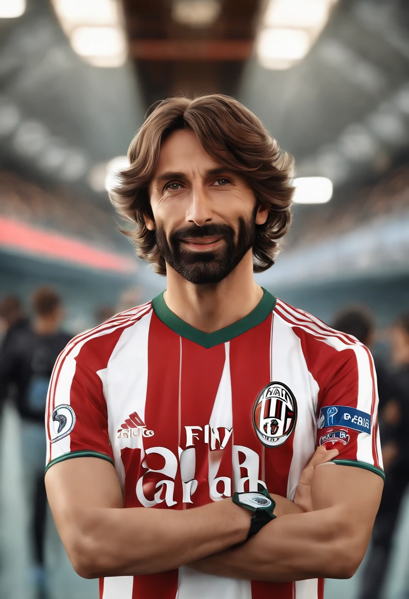 Close-up face portrait of a Andrea Pirlo, with smiling expressions,Ac Milan jersey, soft smooth skin, Fantastic Big Eyes, beautiful intricate, Symmetrical medium color hair, Keep your eyes open for anime, Soft lighting, Detailed face, By Makoto Shinkai, Stanley Ateg Liu, Phlegm sputum, phlegm, rossdraws, concept-art,hyper realistic, looking at the camera, 4D