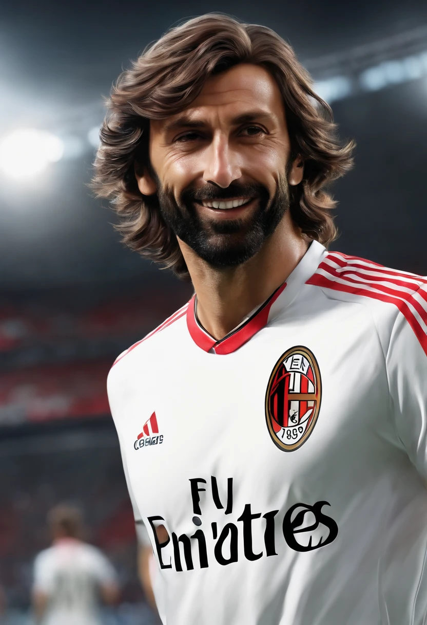 Close-up face portrait of a Andrea Pirlo, with smiling expressions,Ac Milan jersey, soft smooth skin, Fantastic Big Eyes, beautiful intricate, Symmetrical medium color hair, Keep your eyes open for anime, Soft lighting, Detailed face, By Makoto Shinkai, Stanley Ateg Liu, Phlegm sputum, phlegm, rossdraws, concept-art,hyper realistic, looking at the camera, 4D