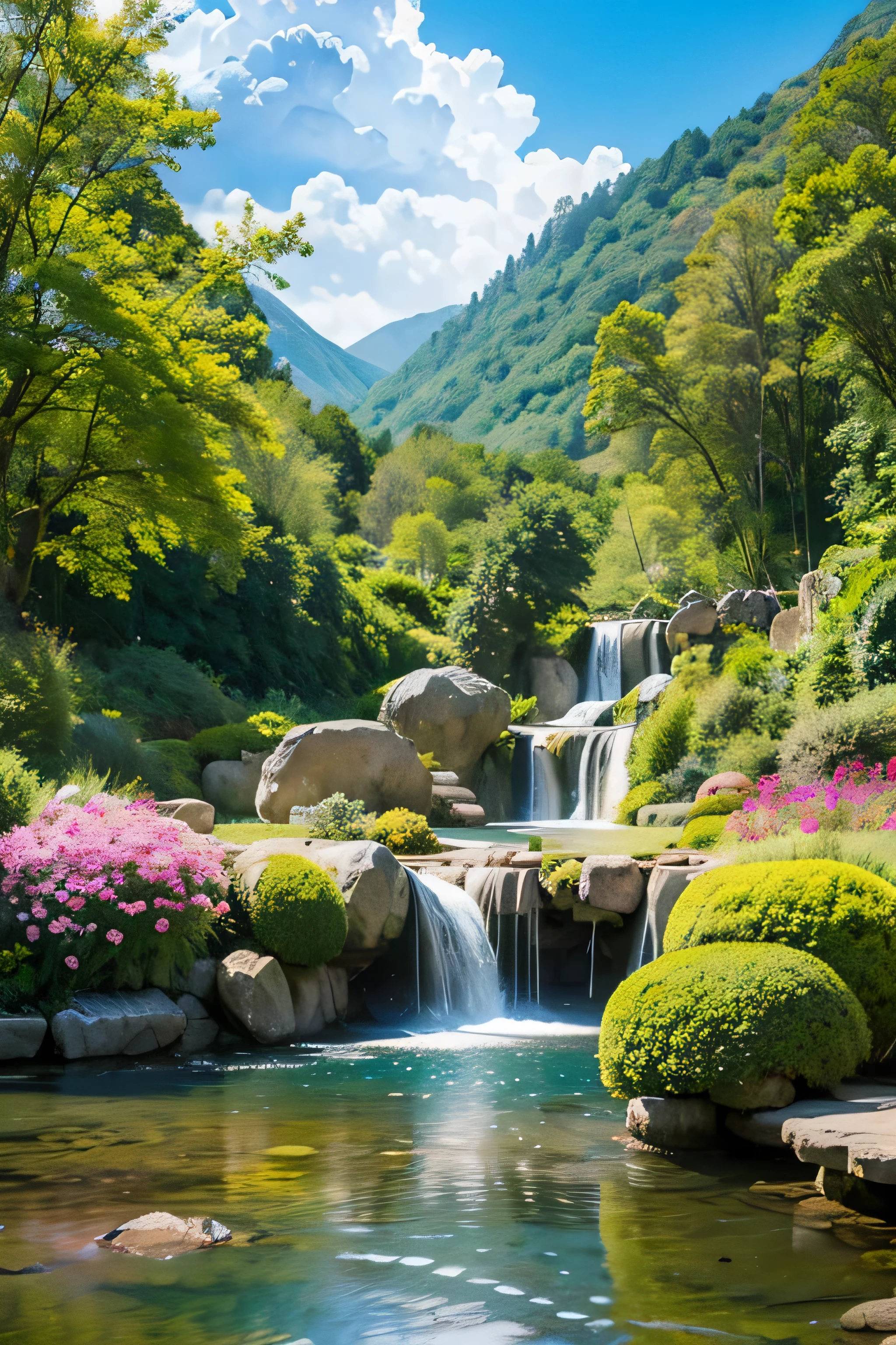 Mysterious World Zen Garden Dazzling Clouds Quietly Flowing Water Colorful Flowers 、rain、rain、rain、 Fresh air, natural symphony, perfect harmony, magical beauty, enchanting melodies, heavenly harmony, calming colours, paradise, nirvana serenity, mystical aura, dreamy surroundings, waterfalls, angels, pure bliss, divine presence, magical aura, eternal symphony of peace and happiness