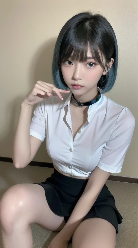 (Best quality, 8K, masutepiece, Ultra HD: 1.3), 1girl in, ,Light blue hair, Blunt bangs, hair behind ear, hair over shoulders, short hair, Slender body type, ultradetail face, Delicate lips, Beautiful eyes, Double eyelids, lipsticks, thin blush ,Black eyes ,perfect glossy shiny skins,Flawless skin,White skin of the,perspired,Invite your gaze, chest,Ultra-thin pointer, Ultra-thin fingers, Shirt with collar, Tight skirts , beautifullegs ,pump. school ground