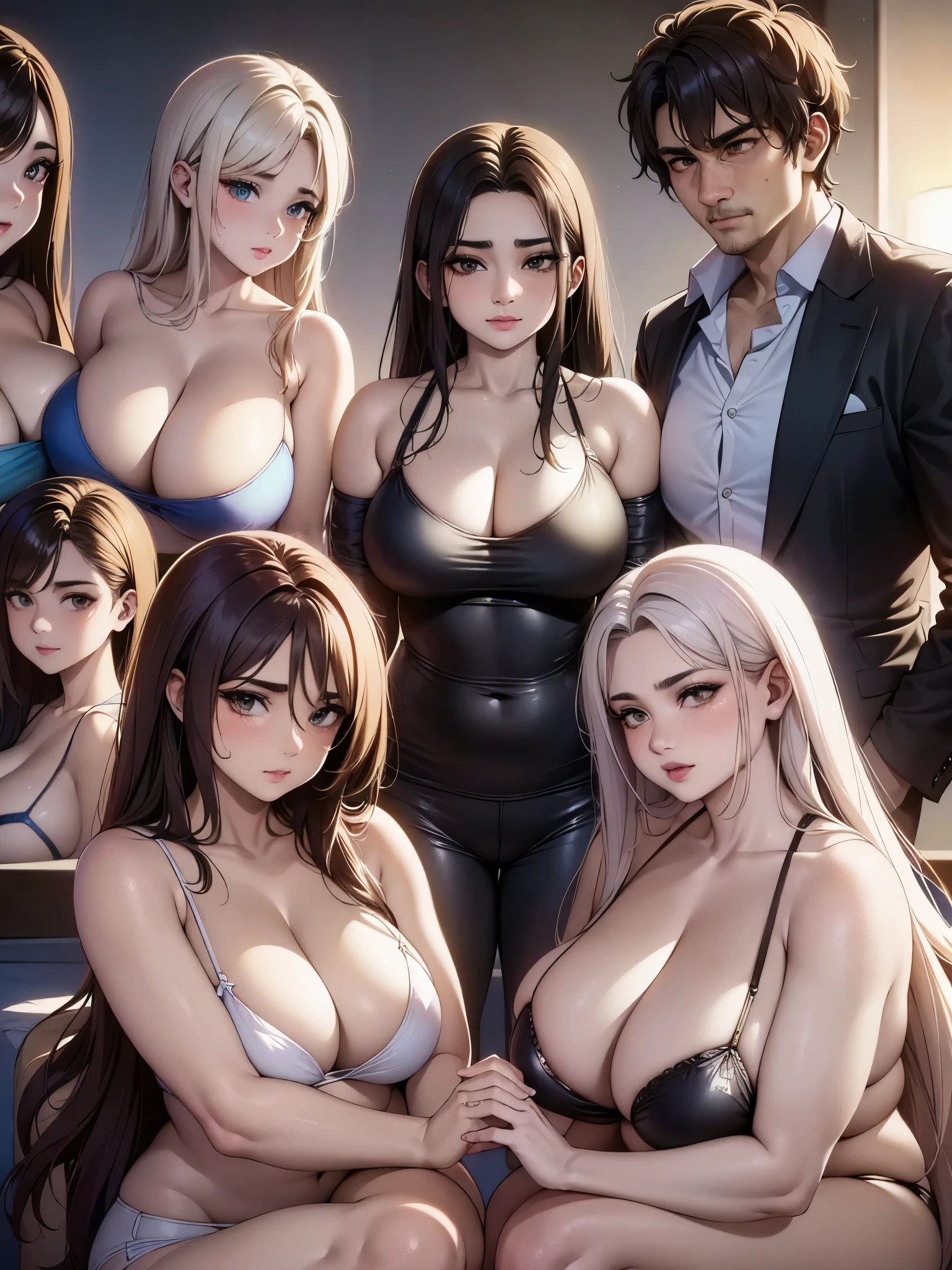 (Best Quality, 2k, Masterpiece, QHD: 1.3, A Handsome short haired african barbarian   man is surrounded by three women up against him touching him, at a mansion, wearing Tracksuits that show off body, perfect bodies, women: long flowing hair, flowers in hair, seductive, materials, golden hour, , jewelry, golden hour, photorealistic, masterpiece, in love, small grin, perfect faces, Flirtatious-groping 