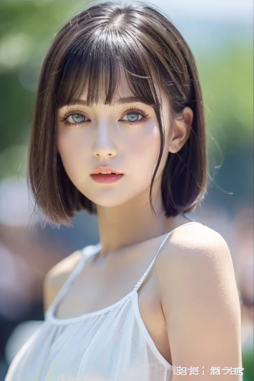 (masterpiece, highest quality),1 girl, alone, Realistic, Realistic, Looking at the audience, Light-coloured black eyes, Brunette short bob hair with highly detailed shiny hair, Summer clothes, Whity, lips, bangs, Outdoor, Mouth closed, Upper Body、Big eyes、eyelash、((There'There'There'There'There'There'There'、Very simple orange background:1.8))、(((bangsのあるショートヘア、Big eyes、big and full chest、Looking at the audience、Beautiful beauty、Show me your ears、Long neck、smile、please close your mouth and smile)))、Ideal body type、{Huge|big|Hugeな|Mega} chest, chestの谷間、幸せなsmile