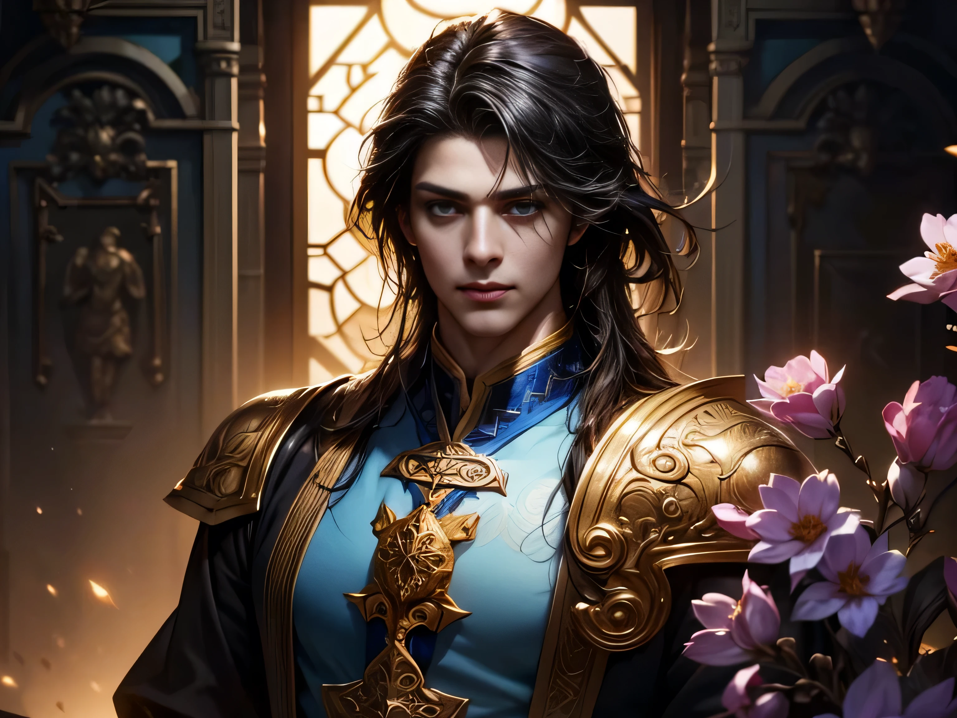 (Best Quality, 8K, Masterpiece, HDR, Soft Lighting, Picture Perfect, Realistic, Vivid), Garden with blue and pink flowers, a handsome man sits on the grass and plays weiqi, he has beautiful blue eyes and a kind smile, black hair. he has a naked torso with a perfect body, he is wearing a Tang Dynasty dress, petting the little cute foxes lying on his chest, man, cute man, blue eyes, smile (ultra high quality fantasy art, majestic fantasy style), masterpiece, ultra high quality male character design, anime art in 8k resolution, realistic anime art, highest quality wallpaper illustration, detailed ultra high quality accurate male character face, high quality design and accurate physics, male character) (ultra high quality fantasy art, dark fantasy style), masterpiece , Ultra High Quality Characters, 8k Resolution Anime Art, Realistic Anime Art, Highest Quality Wallpaper Illustration, Ultra High Face Detail, High Quality Design and Accurate Physics), Color Difference, Depth of Field, Dramatic Shadows, Ray Tracing, Best Quality, Highly Detailed wallpaper with 8K CGI, [Meticulously detailed hair [More about beautiful and shiny hair]],(Perfect hand detailing [Beautiful fingers without breakage [Beautiful nails]],(Perfect anatomy (Perfect proportions)) [[Resembles the whole body]], [Perfect color combination (Accurate simulation of the interaction of light and material)], [Visual art that conveys the meaning of the story]